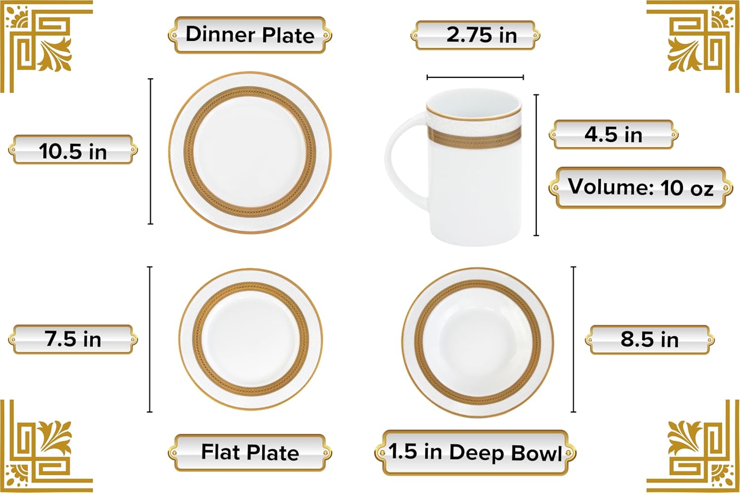 60 Piece Gorgeous Dinnerware Sets – Porcelain Plates, Mugs, Bowls – Elegant Vintage Rope Gold Design Dishware – White and Gold Dish Set for Kitchen Table, Formal Dining or Everyday Use (Rope Gold)