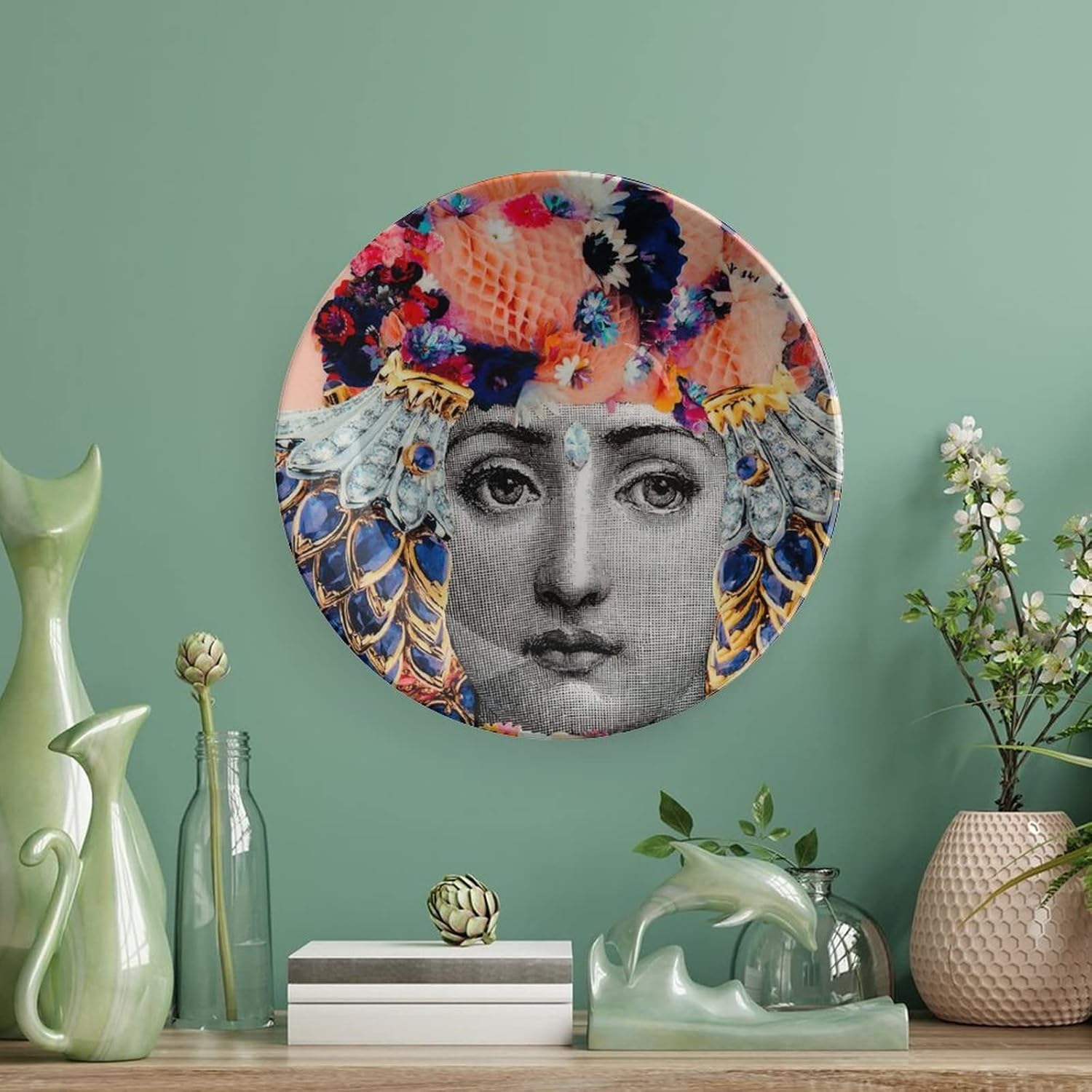 Lina Cavalieri Plate, Wall Decorative Plate, Mysterious Face Plate Wall Hanging Decoration,Including Bracket and Special Spring Hook,J (24),6inch