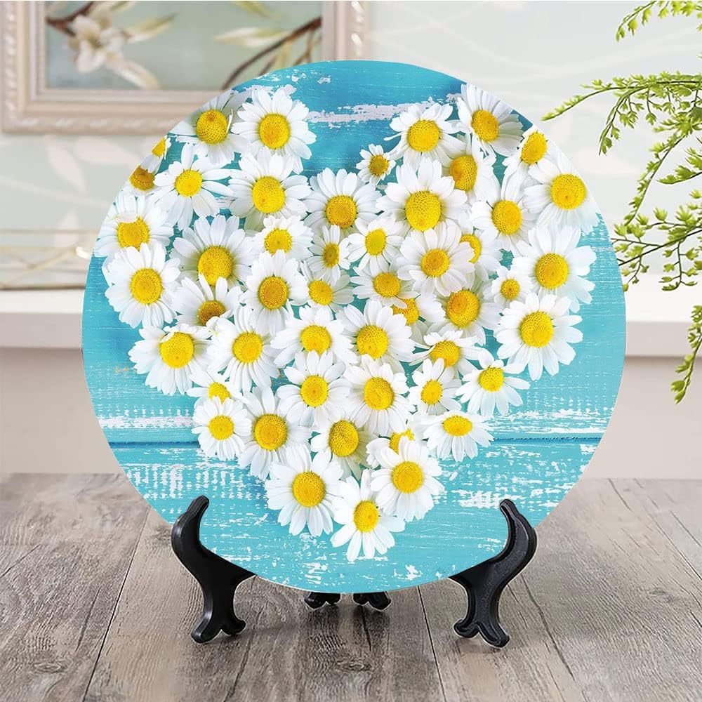 Decorative Plates, Yellow and Blue Print Ornament, Heart Shaped Daisy Flowers Romantic Lovers, 8 Inch, Kitchen Wall Decor, Sky Blue White