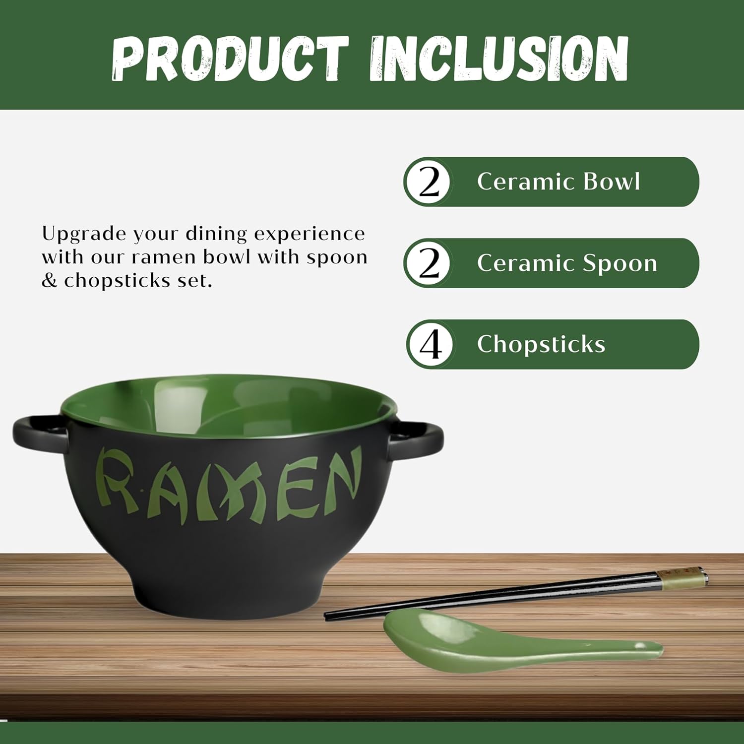 Ceramic Ramen Bowl Set with Chopsticks and Spoon - Set of 2 Microwavable Noodle Bowl Kitchen Set for Instant Noodles, Pho, Udon Noodles, Miso Soup - Green Japanese Ramen Bowls Ceramic Gifts (21 oz)
