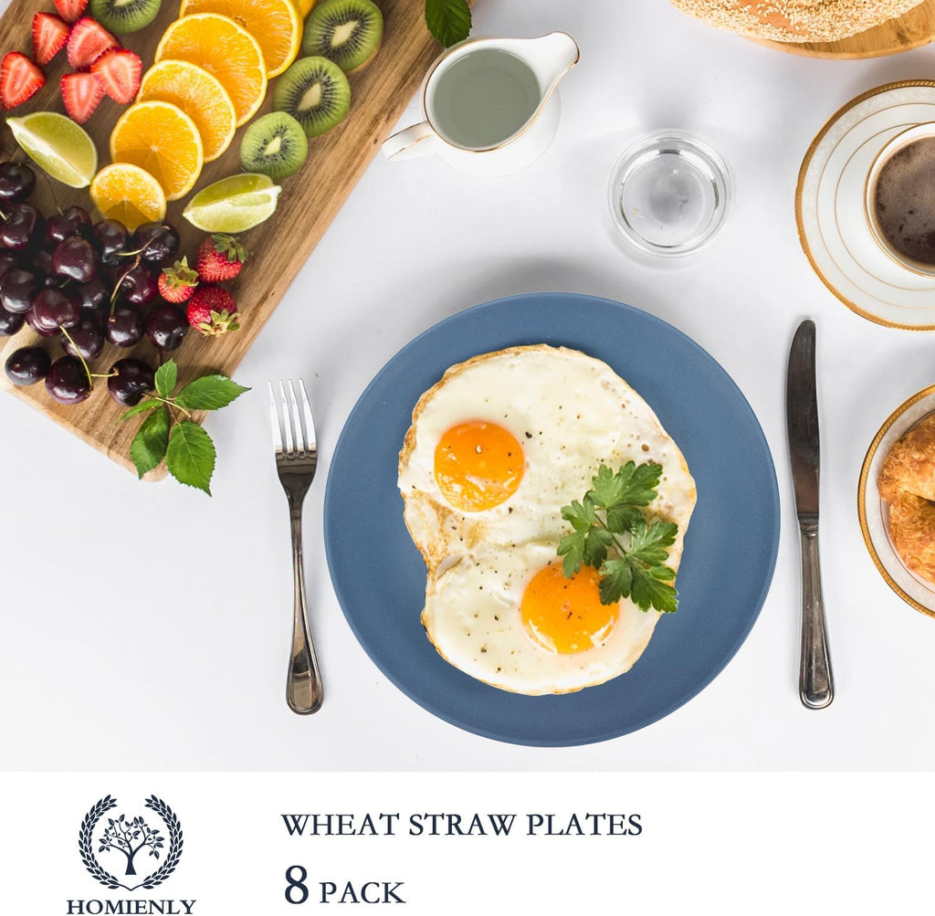 Homienly Flat Dinner Plates Set of 8 Alternative for Plastic Plates Microwave and Dishwasher Safe Wheat Straw Plates for Kitchen Unbreakable Kids Plates (Blue, 9 inch), MS 01