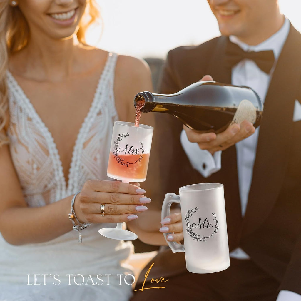 AW BRIDAL Mr & Mrs Wine Glass and Beer Mug Gift Set for Wedding Couples, 2025 Bridal Shower Engagement Gifts for Newlyweds, Bride and Groom Champagne Flutes for Annivesary Bachelorette Party