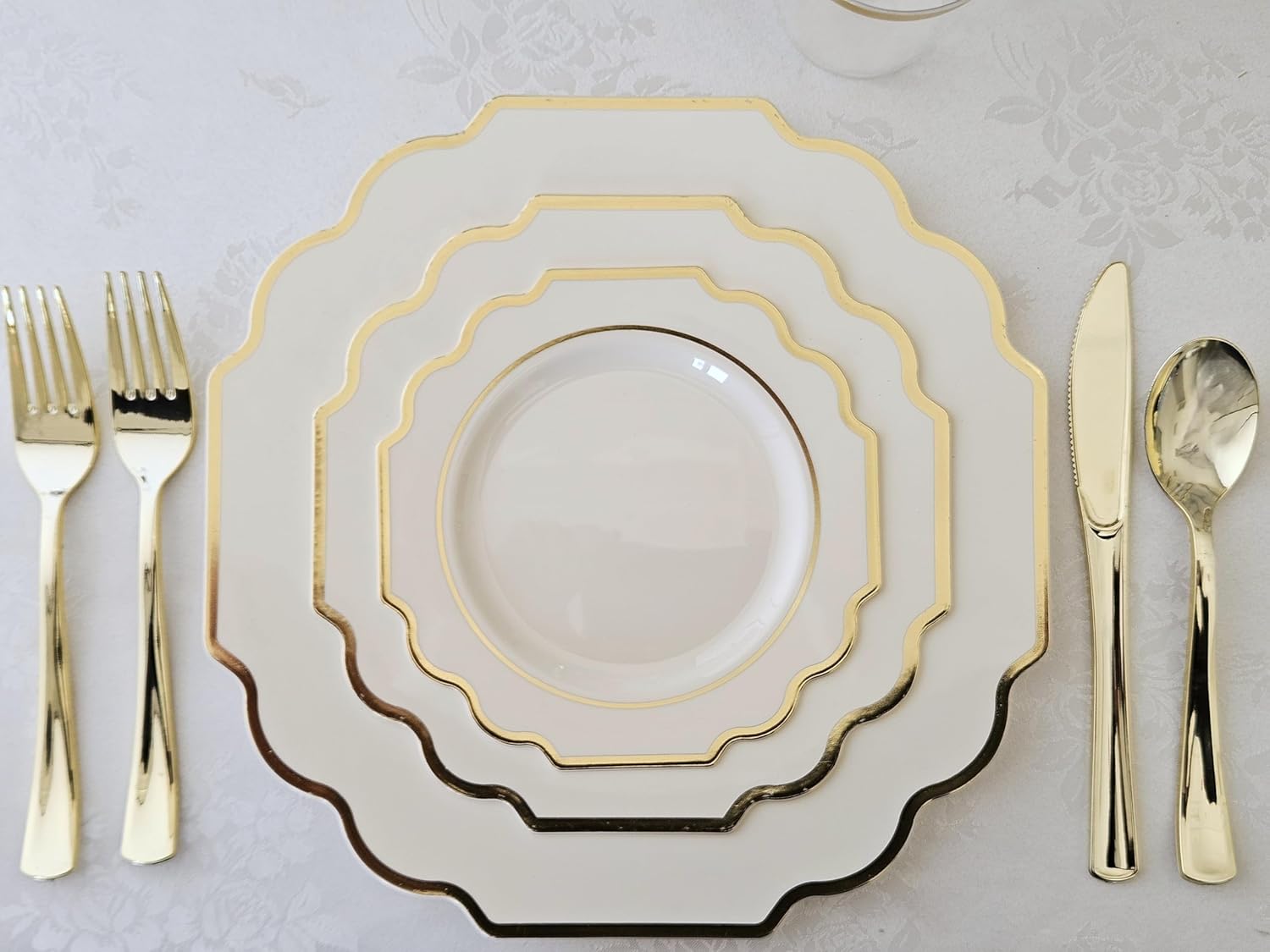 " OCCASIONS " 150 Piece set (25 Guests)-Wedding Plastic Plates & cutlery -Disposable heavyweight Dinnerware 10.5'', 8'' + Silverware w/double fork (Imperial Ivory & Gold)