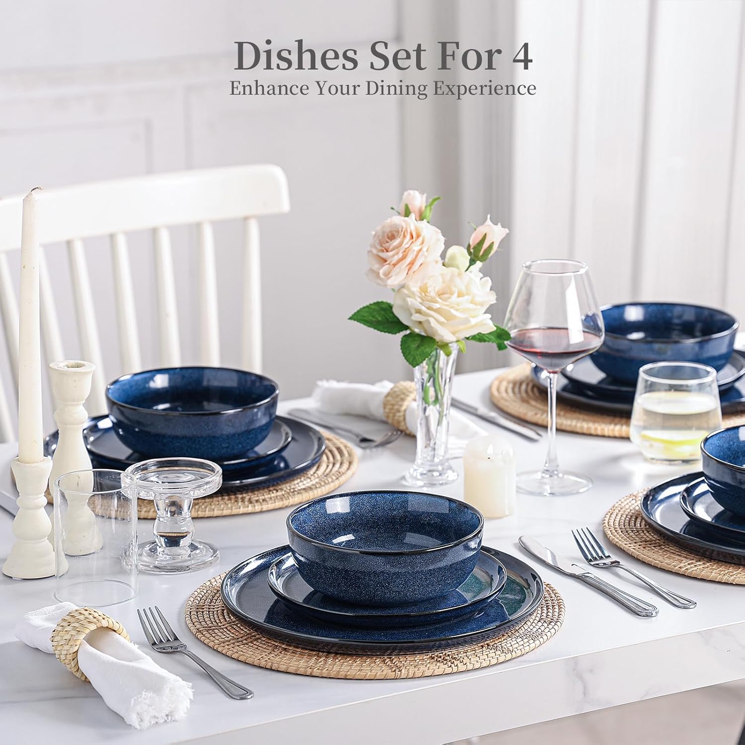 Ceramic Plates and Bowls Sets: 12 Piece Porcelain Dinnerware Sets, Stoneware Kitchen Dishes Set for 4, Scratch Resistant Plate Set, Microwave Dishwasher Oven Safe, Reactive Glaze (Blue)