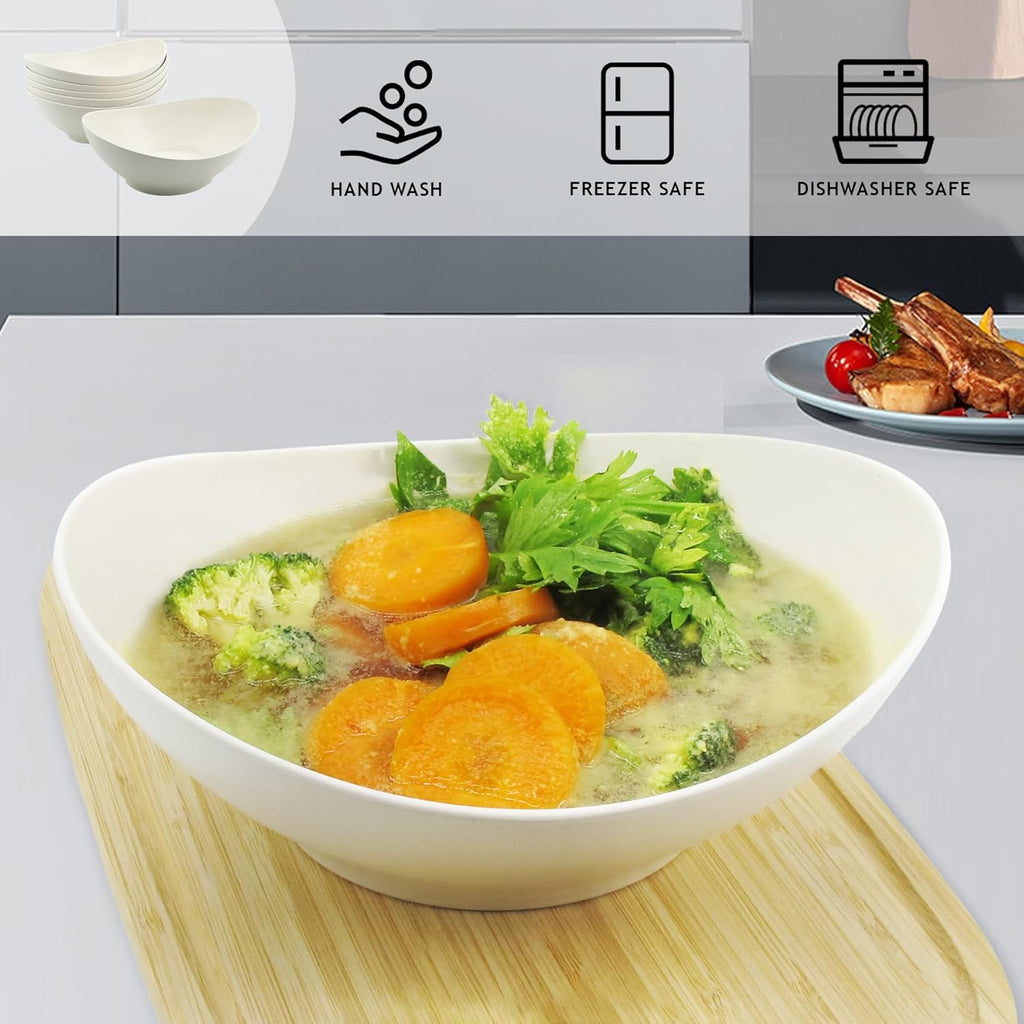 JOYMAY Oval Salad Bowls Set, 34oz Serving Bowls for Kitchen 8.8" Large Bowls for Soup, Oatmeal, Pasta, Snacks, Deep Soup Bowls Set for Salad, Fruit, Vegetable, Ramen, 6PC (White)