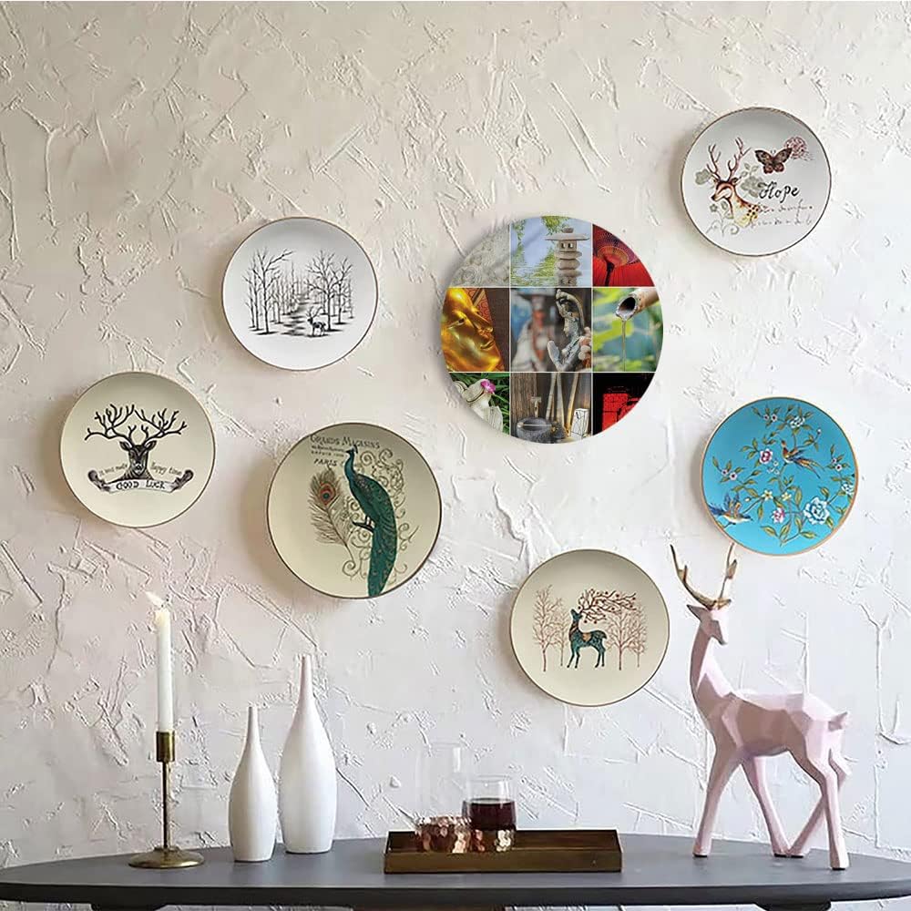 Decorative Plates, Nature Print Ornament, Flowers Clouds Mountain, 8 Inch, Kitchen Wall Decor, Multicolor