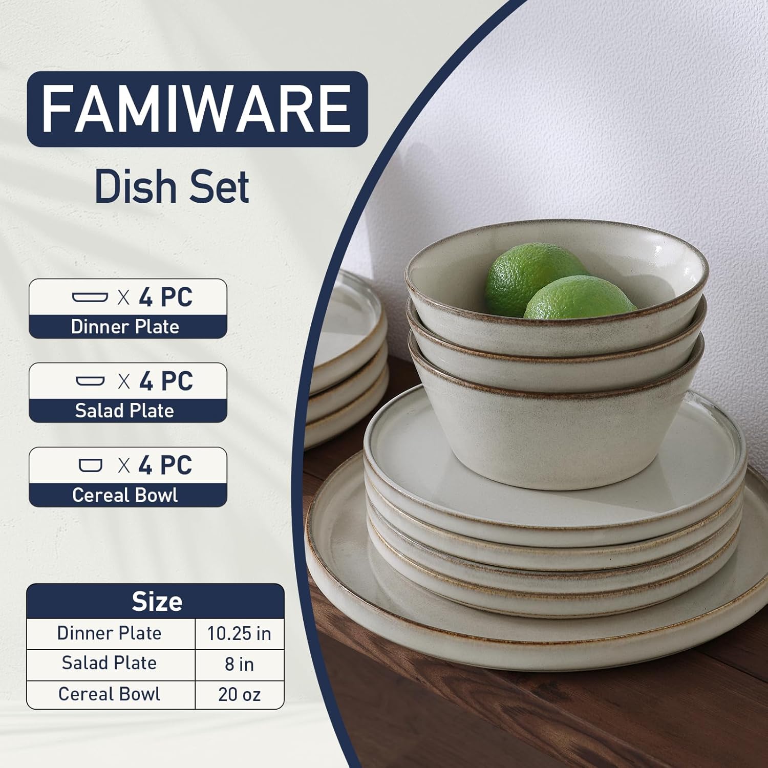 Famiware Annecy Plates and Bowls Sets, Stoneware Dinnerware Sets for 4, 12 Pieces Dish Set with Lipped Edges, Chip and Scratch Resistant, Microwave and Dishwasher Safe, Grey-White