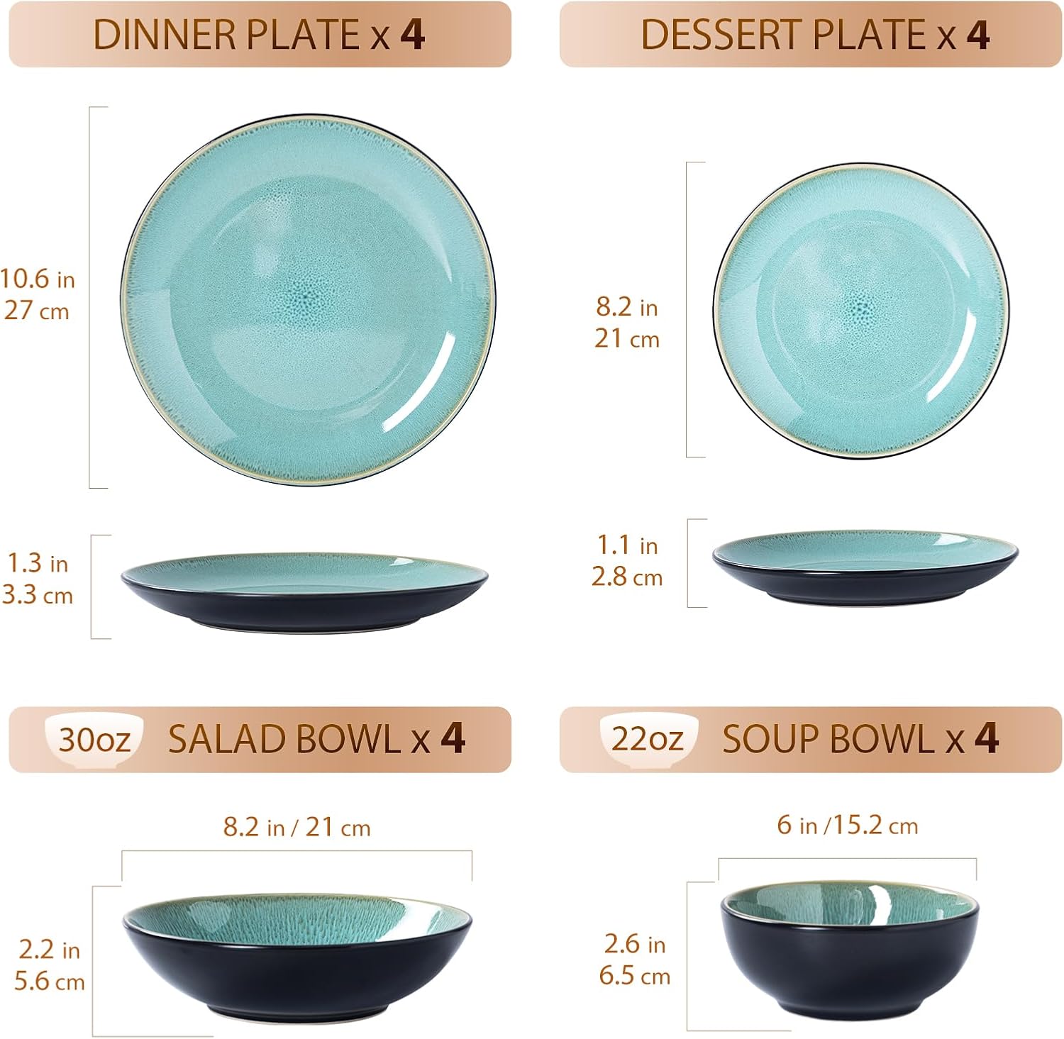 Plates and Bowls Sets for 4 - CJDC-QUELO 16-Piece Stoneware Dinnerware Sets, Ceramic Dishware Set for Kitchen Use and Formal Dining, Chip and Scratch Resistant Microwave Dishwasher Safe, Green