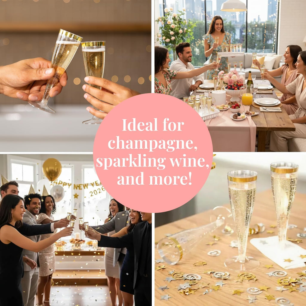 Prestee Set of 24 Plastic Champagne Flutes with Gold Rim - 4.5 oz - Shatterproof Disposable Glasses for Weddings, Cocktail Parties, and Outdoor Celebrations