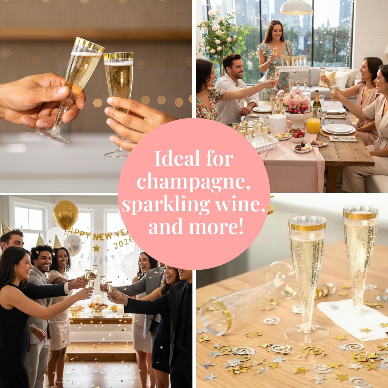 Prestee Set of 24 Plastic Champagne Flutes with Gold Rim - 4.5 oz - Shatterproof Disposable Glasses for Weddings, Cocktail Parties, and Outdoor Celebrations