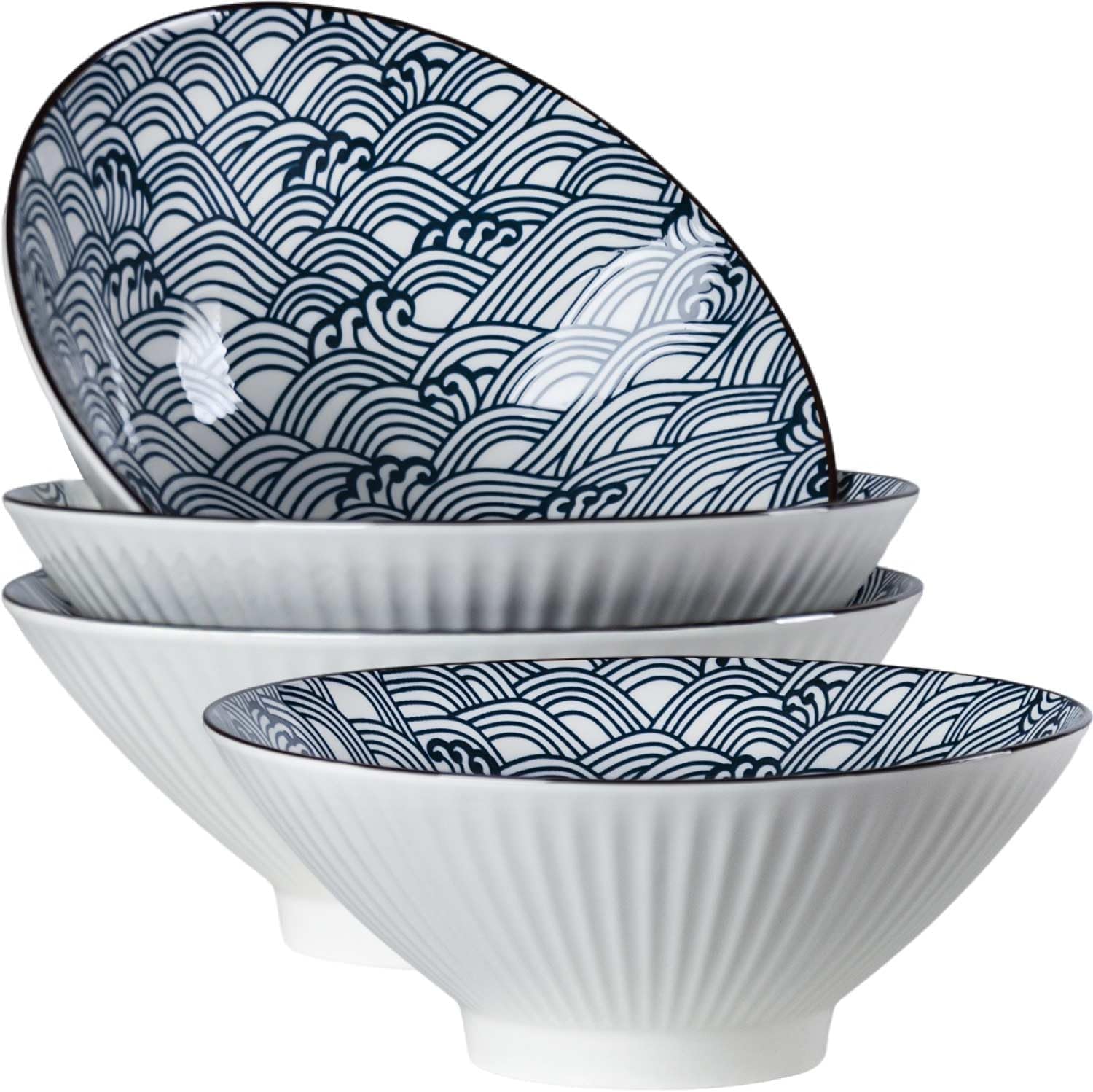 38 oz Japanese Ramen Bowls Set of 4, Large Pho Bowls, 8 Inch Ceramic Blue and White Soup Bowls, Wave Pattern