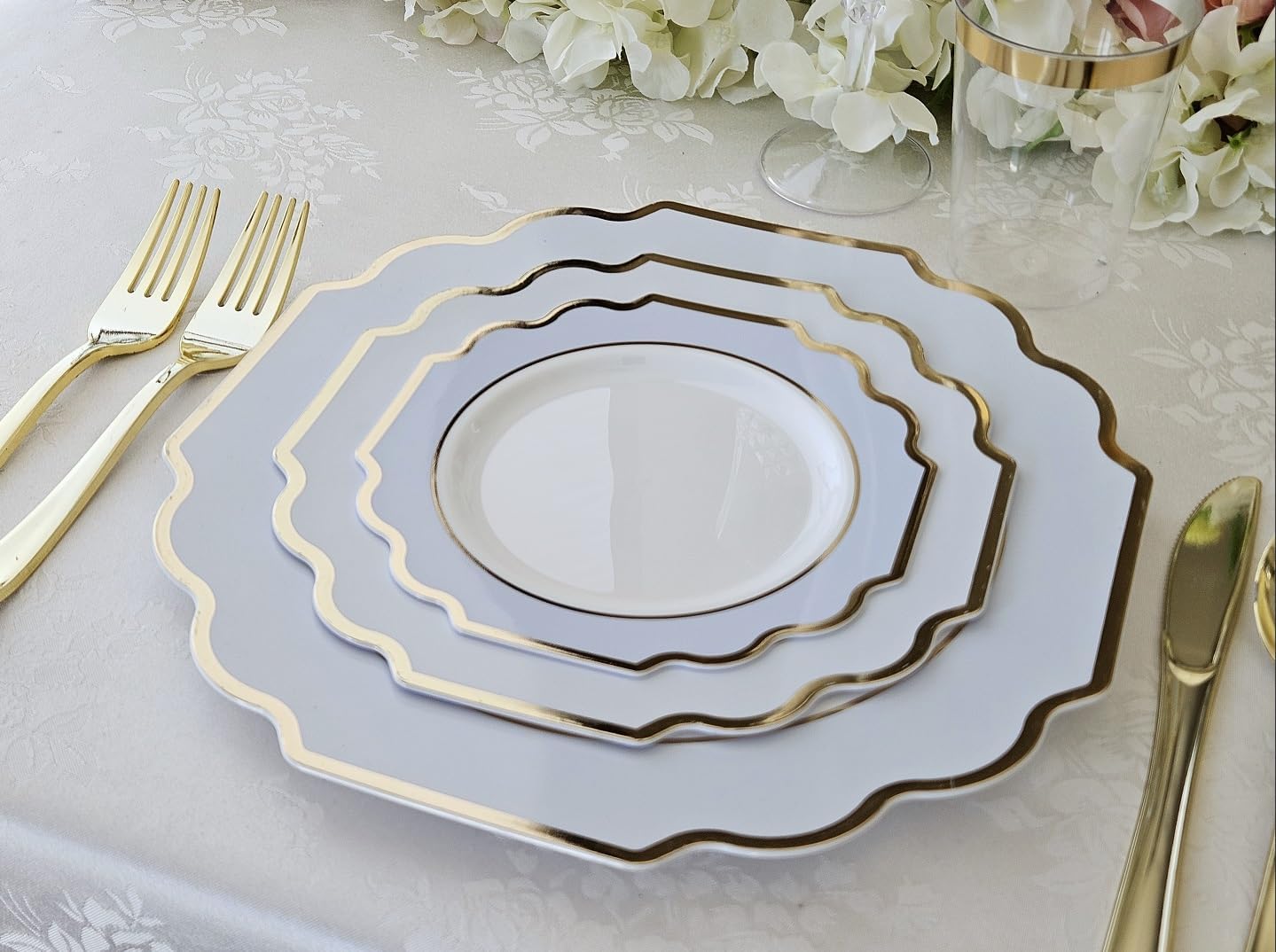 " OCCASIONS " 150 Piece set (25 Guests)-Wedding Plastic Plates & cutlery -Disposable heavyweight Dinnerware 10.5'', 8'' + Silverware w/double fork (Imperial in White/Blue & Gold)