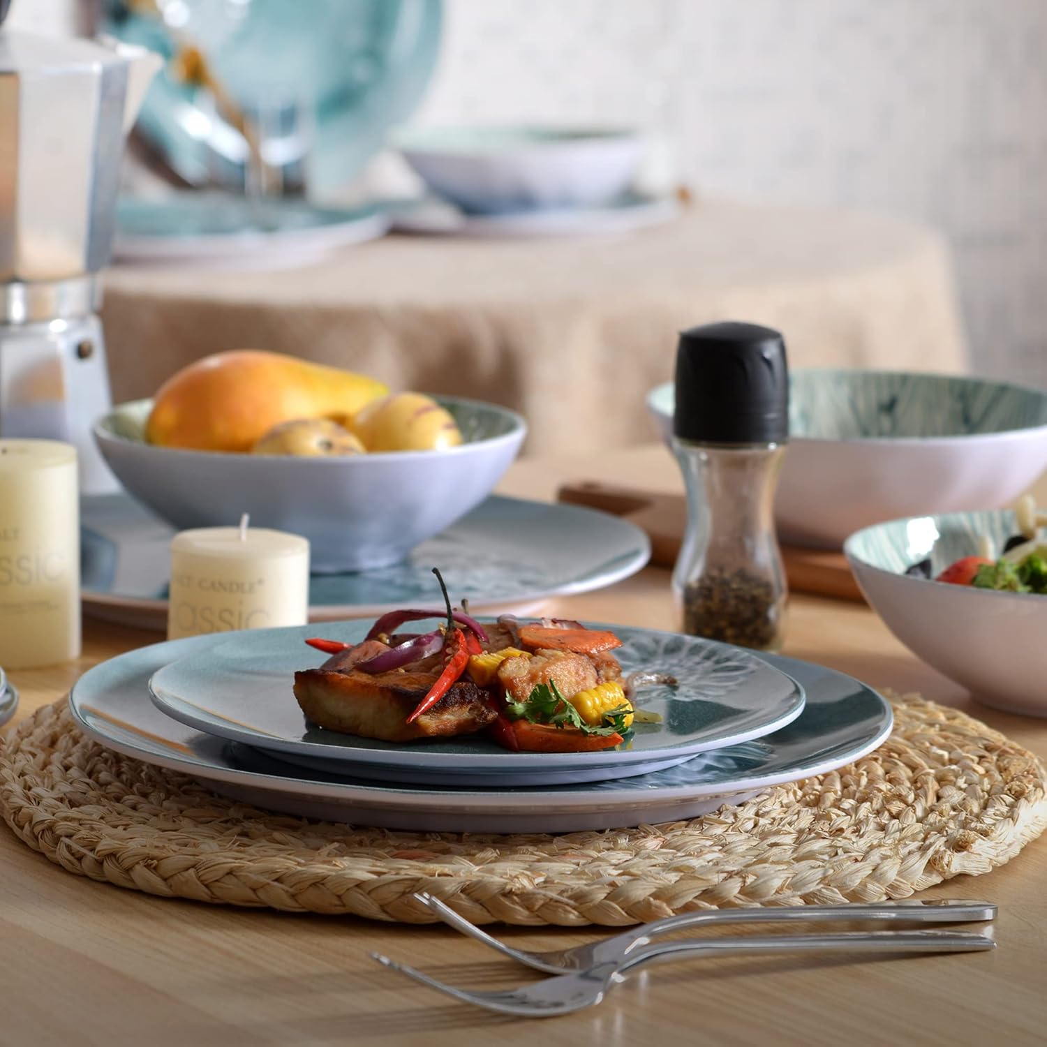 Melamine Dinnerware Sets of 12Pcs,Dishes Set for 4, Blue Dinnerware Sets, Suitable for Indoor and Outdoor Use,Unbreakable,Dishwasher Safe,BPA free