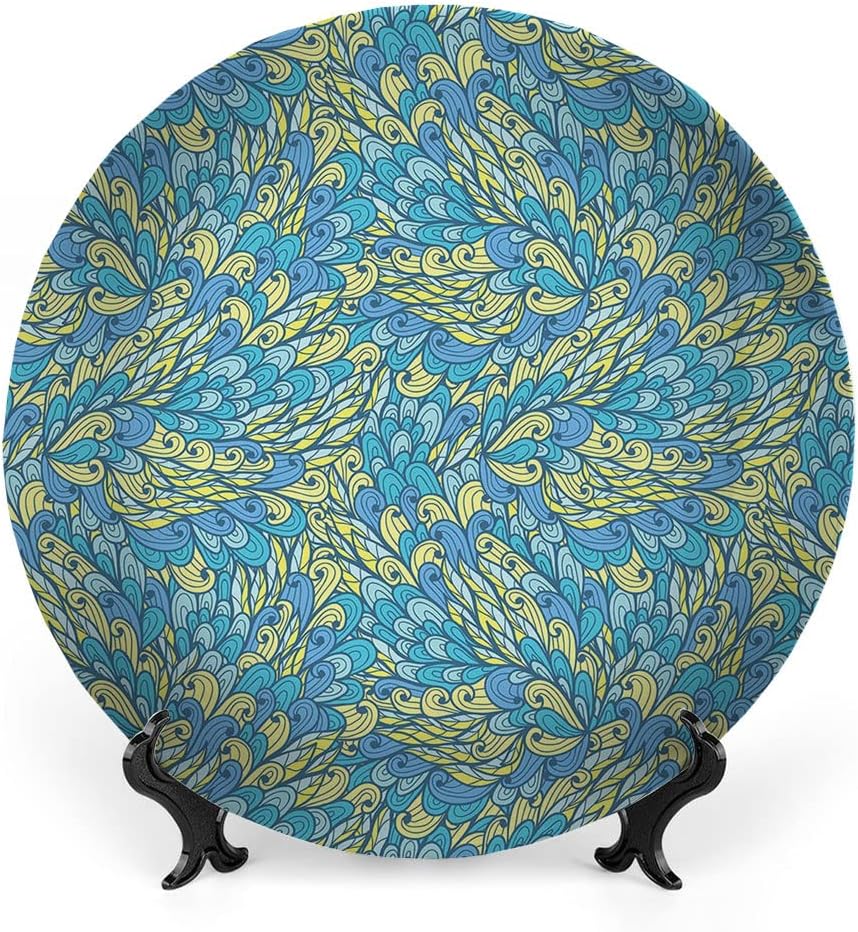 Ceramic Display Plate, Yellow and Blue Ceramic Hanging Decorative Plate, Doodle Style Floral Swirls Curves Ornate, 6 Inch, Household Custom Ceramic Plate, Light Yellow Aqua Light Blue