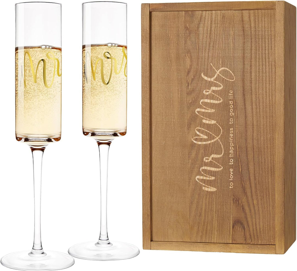 AW BRIDAL Mr and Mrs Champagne Flutes Set of 2, Engagement Bridal Shower Gifts for Couple Newlyweds, Wedding Anniversary Toasting Glasses with Wooden Box for Bride Groom