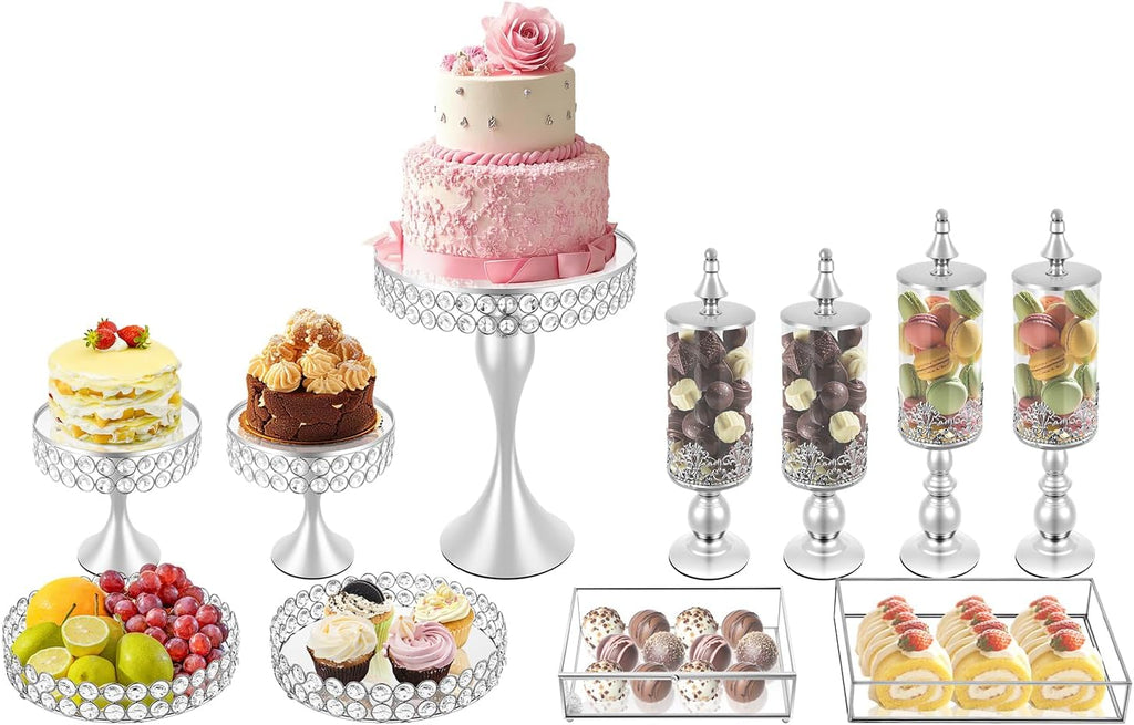 Silver Cake Stand with Base 11 Pieces Cup Cake Stands Glass Dessert Stands Display Set Candy Holder for Baby Shower Wedding Birthday Celebration Party Home Decor