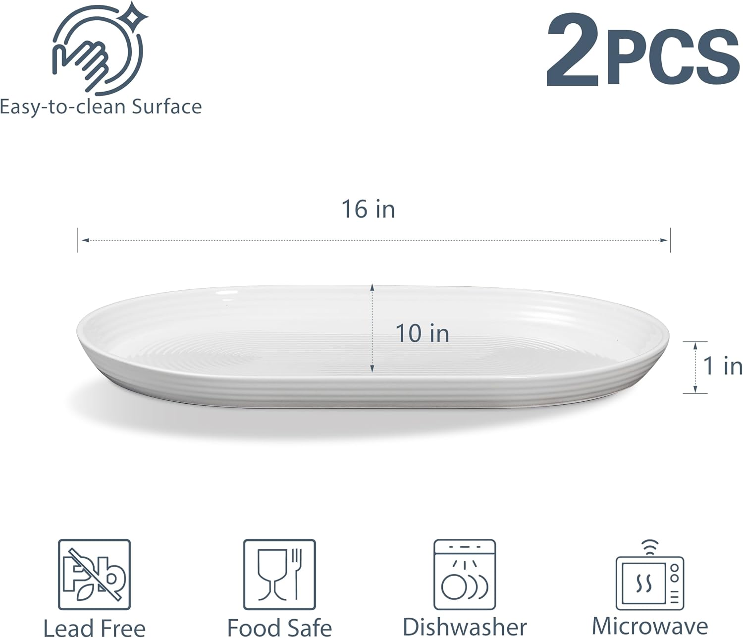 ONEMORE 16 Inch Ceramic Serving Plates for Entertaining, Set of 2 Large Oval Dinner Plates- Dishwasher Oven Safe Serving Tray for Food Meat Fish Parties- Porcelain Thanksgiving Turkey Platters - White