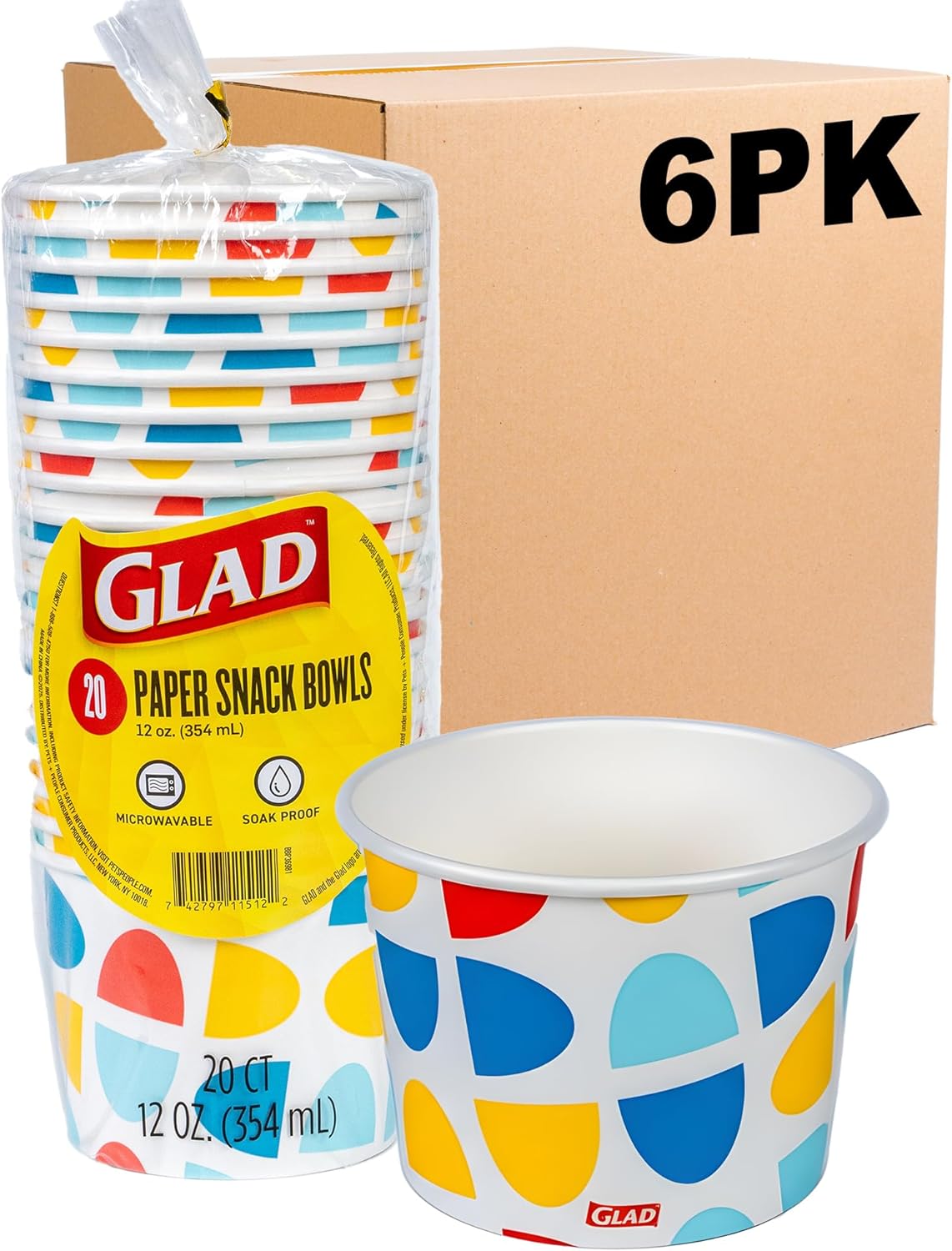 Glad Everyday Paper Snack Bowls with Abstract Print, Lids Not Included - Disposable Snack Bowls, Heavy Duty Paper Bowls for Everyday Use, 12 Ounces, 20 Count - 6 Pack