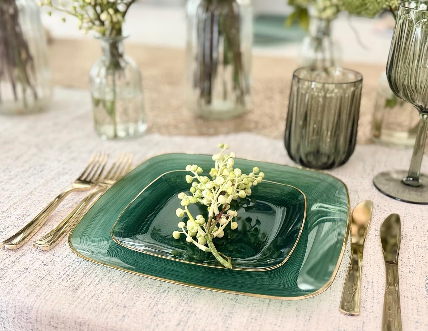 " OCCASIONS " 120 Pieces Pack,(60 Guests) Premium Wedding Party Disposable Plastic Plates Set -60 x 10'' Dinner + 60 x 7'' Salad/Dessert (Belize Square in Green & Gold)
