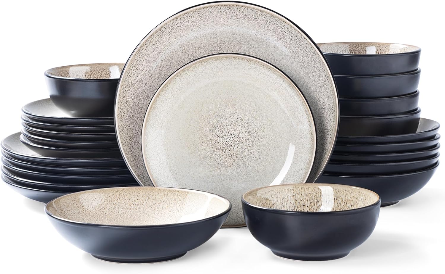 Plates and Bowls Sets for 6 - CJDC-QUELO 24-Piece Stoneware Dinnerware Sets, Ceramic Dishware Set for Indoor Kitchen Use and Formal Dining, Chip and Scratch Resistant Microwave Dishwasher Safe, Brown