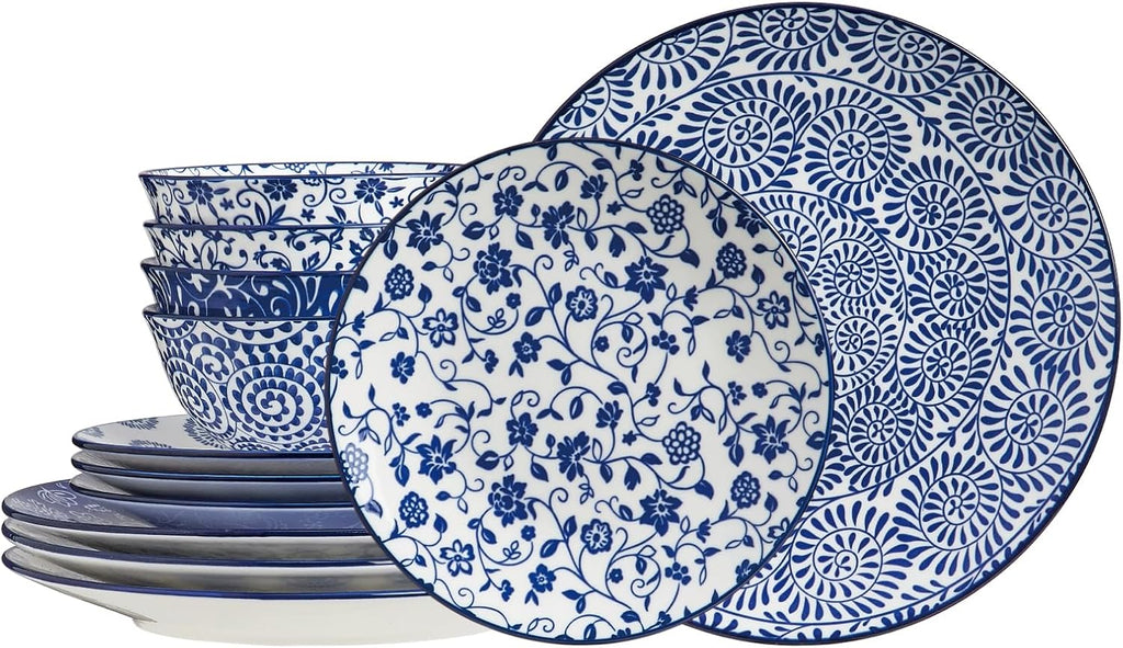 ONEMORE Ceramic Dinnerware Sets, 12 Piece Stoneware Plates and Bowls, Dish Sets for 4 - Scratch Resistant, Dishwasher & Microwave Safe, Vintage Blue