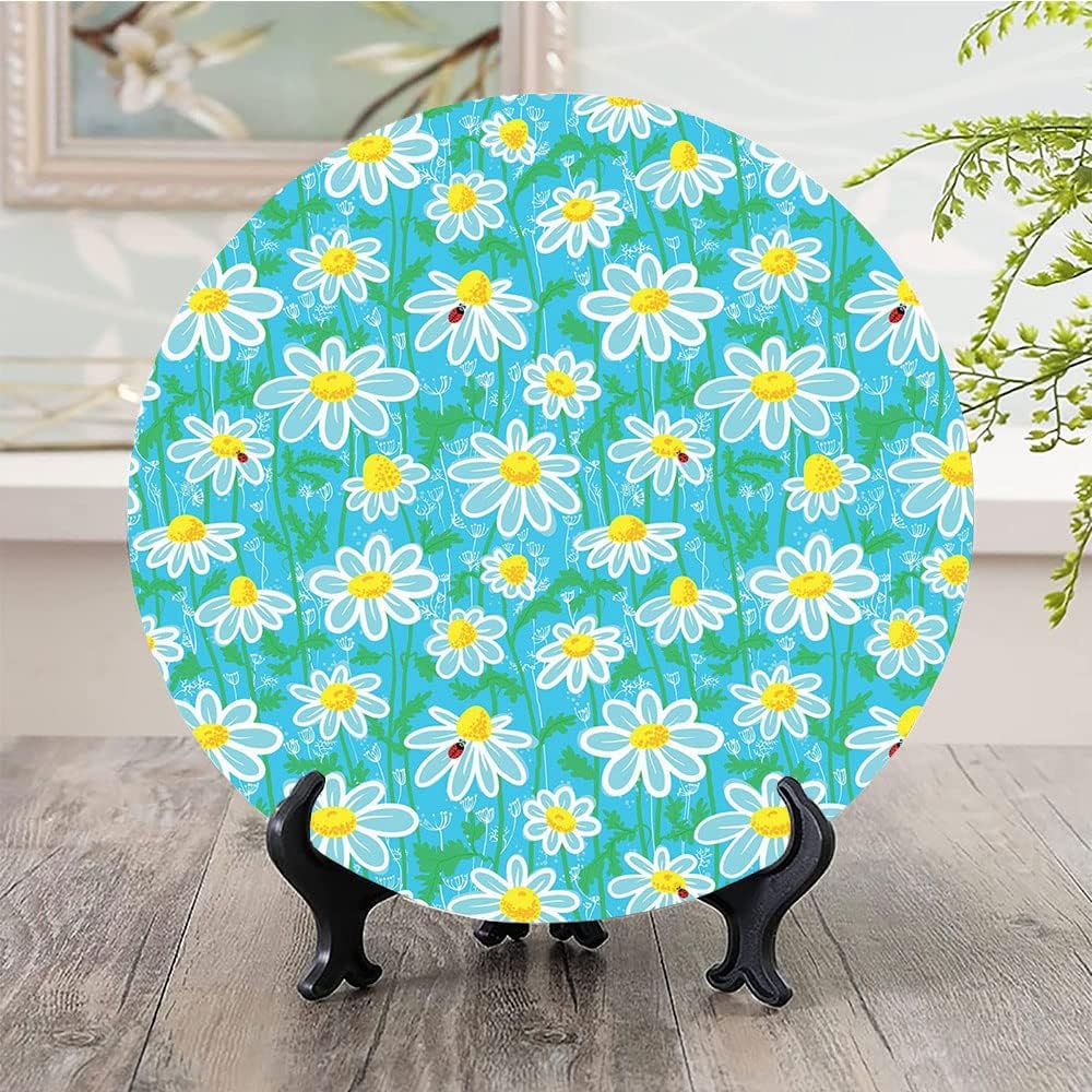 Decorative Plates, Yellow and Blue Print Ornament, Meadow Art Pattern with Ladybirds and Chamomile Daisy, 10 Inch, 1 Plate with 1 Display Stand, Aqua White Marigold
