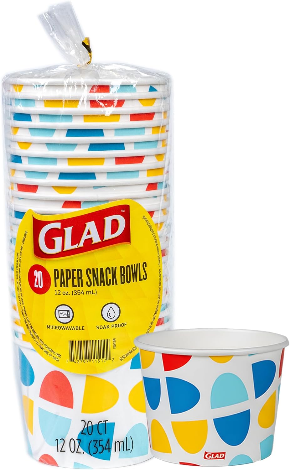 Glad Everyday Paper Snack Bowls with Abstract Print, Lids Not Included - Disposable Snack Bowls, Heavy Duty Paper Bowls for Everyday Use, 12 Ounces, 20 Count