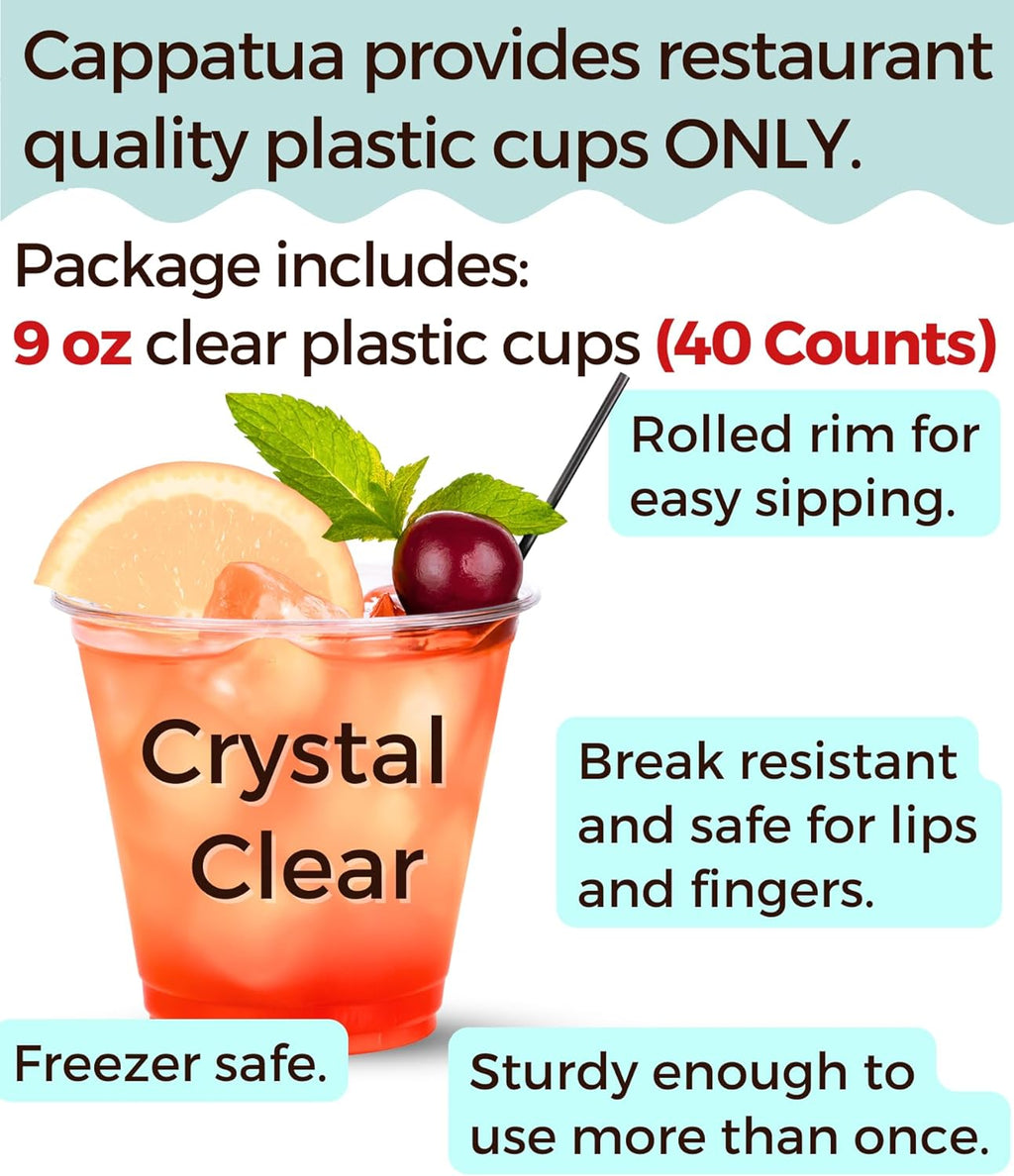 9 oz Clear Plastic Cups, 40 Pack 9oz Plastic Cocktail Party Cups, Disposable Wine Glasses Small Drinking Cup for Wedding, Punch Cup, Reusable Food Safe