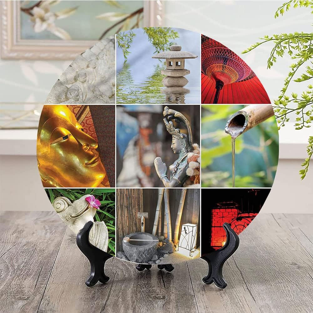 Decorative Plates, Nature Print Ornament, Flowers Clouds Mountain, 8 Inch, Kitchen Wall Decor, Multicolor