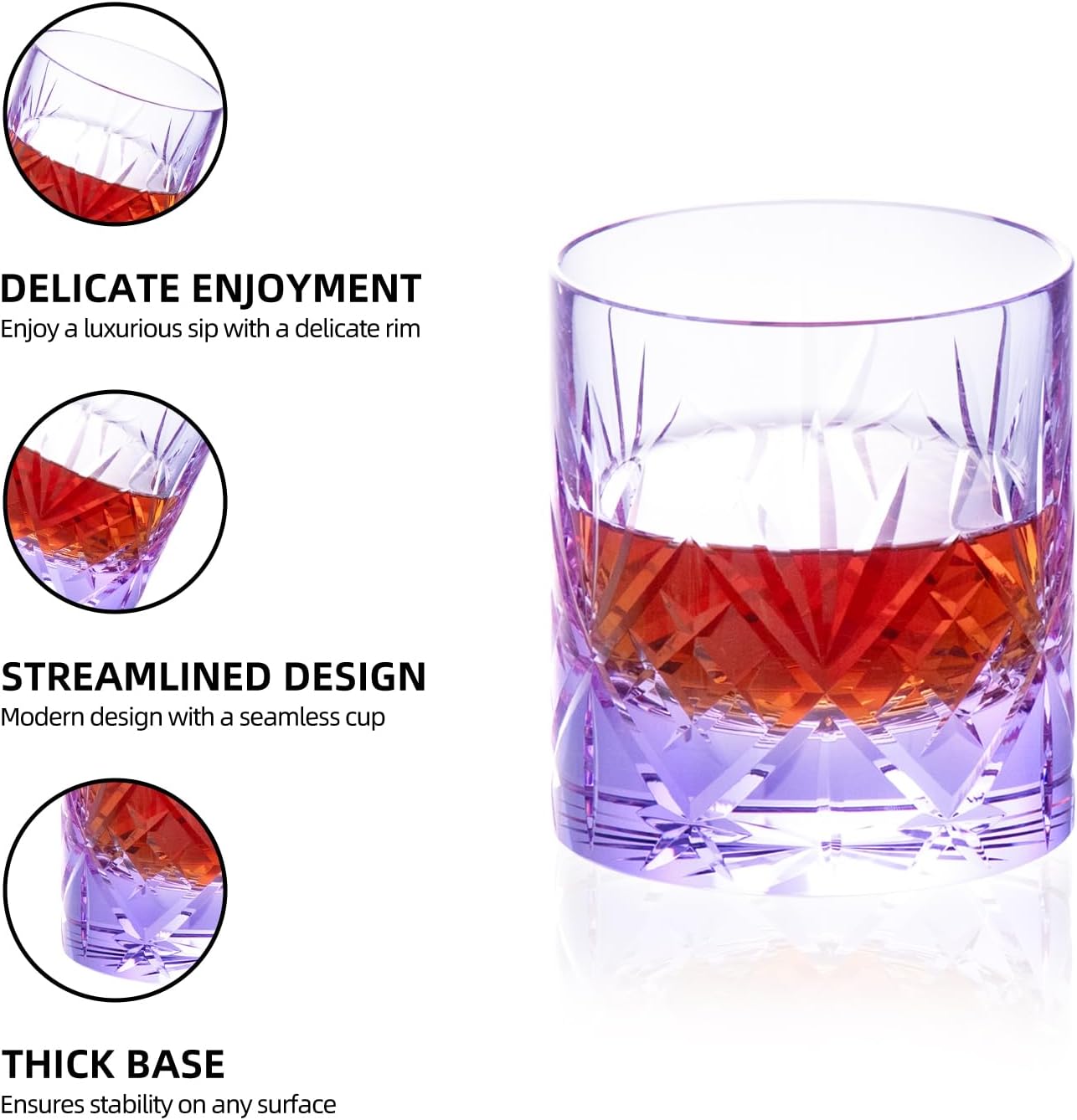 KAMMAK Crystal Whiskey Glasses Set, 8.12 oz (240 ml) Purple Old Fashioned Tumbler, Hand Blown Thick Base Colored Glass with Delicate Rim & Seamless Design for Scotch, Bourbon, Cocktails