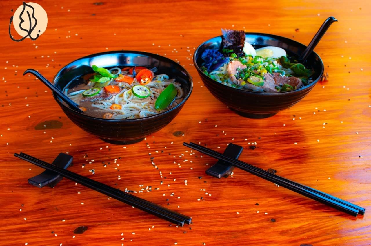 4 Ramen Bowls, 12 pieces Pho set. All Black Asian Japanese soup. Utensil: Spoons And Chopsticks kit. Melamine. Large 37 oz. Noodles, Rice, Udon, Thai, Chinese, Korean, Wonton, Miso