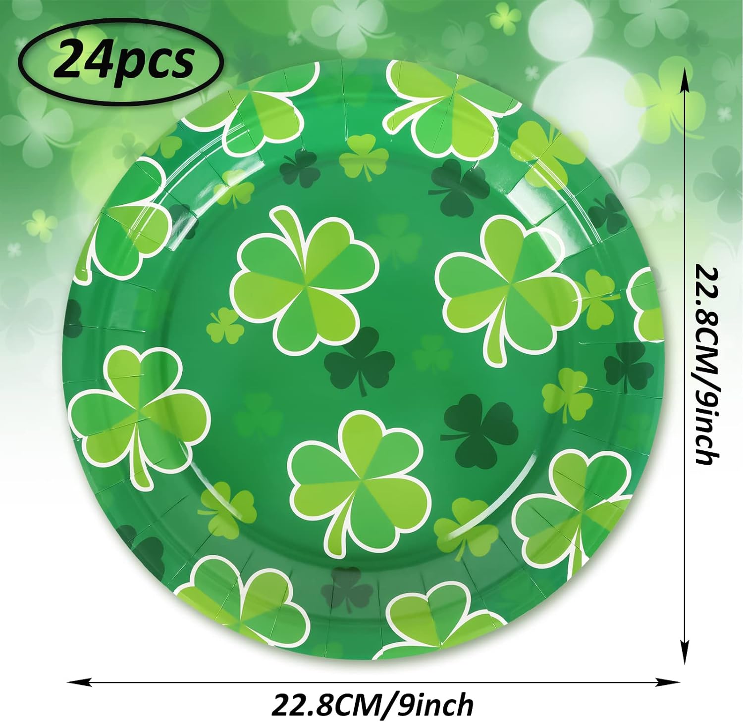Whaline St. Patrick's Day Paper Plates 9 Inch Green Shamrock Round Disposable Plates Lucky Clover Decorative Tableware for Irish Holiday Birthday Party Supplies Table Decorations, 24Pcs
