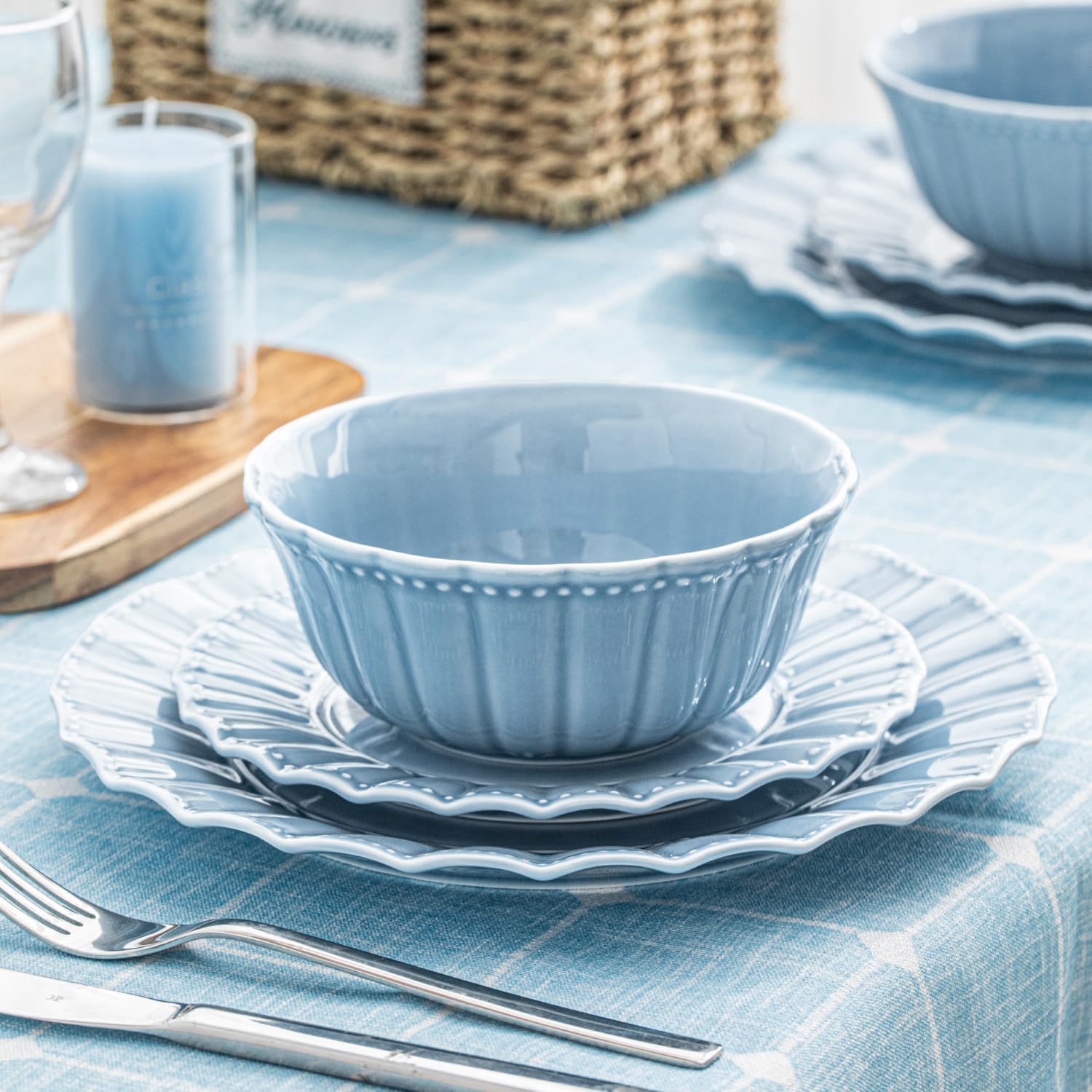 Dinnerware sets, 12 Piece plates and bowls sets for 4, Ceramic dish set, Porcelain dish set, Premium kitchen decor, Microwave and Dishwasher Safe, Celestial Blue