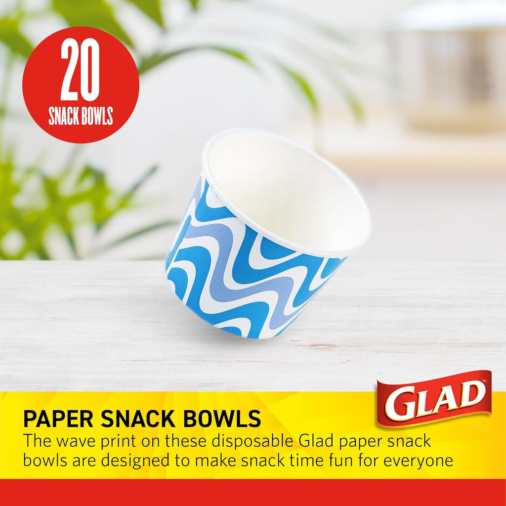 Glad Everyday Paper Snack Bowls with Blue Wave Print, Lids Not Included - Disposable Snack Bowls, Heavy Duty Paper Bowls for Everyday Use, 12 Ounces, 20 Count