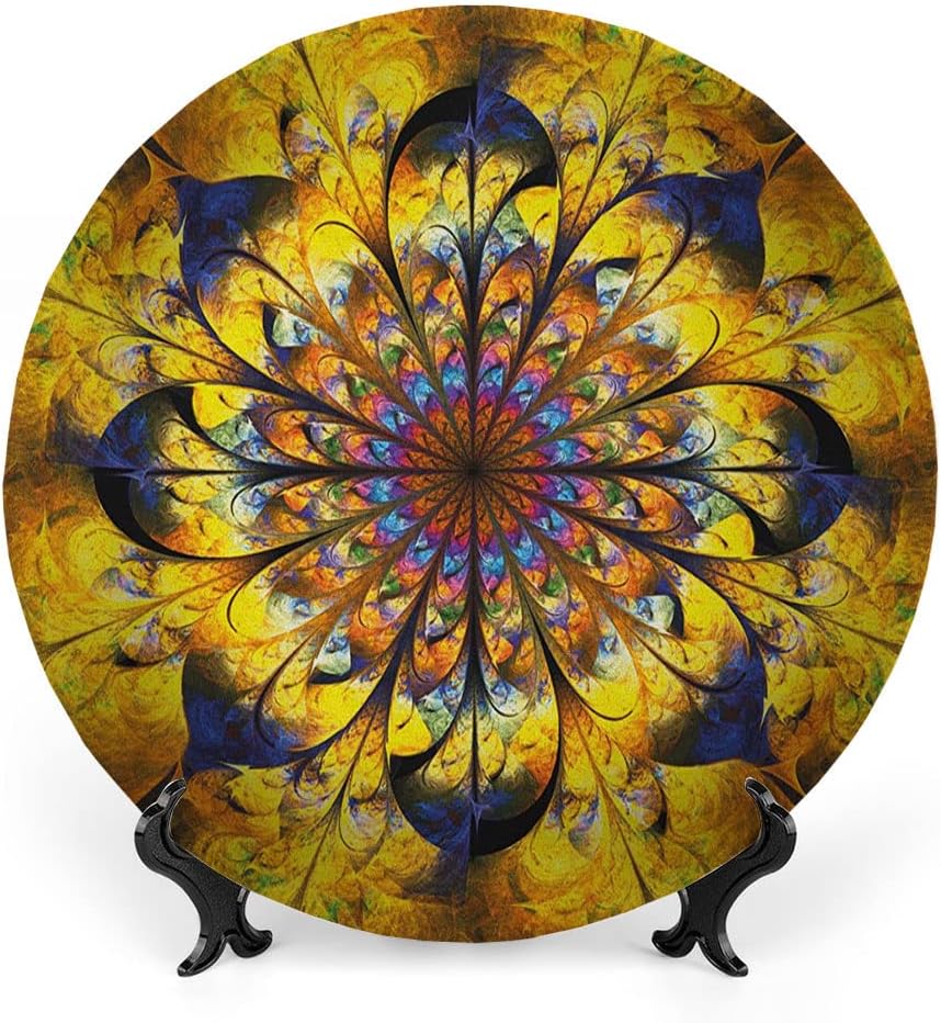 Ceramic Display Plate, Yellow and Blue Ceramic Hanging Decorative Plate, Mandala with Golden Floral Ornamental Psychedelic Fantasy, 10 Inch, Living Room Kitchen Decoration Household, Navy Gold