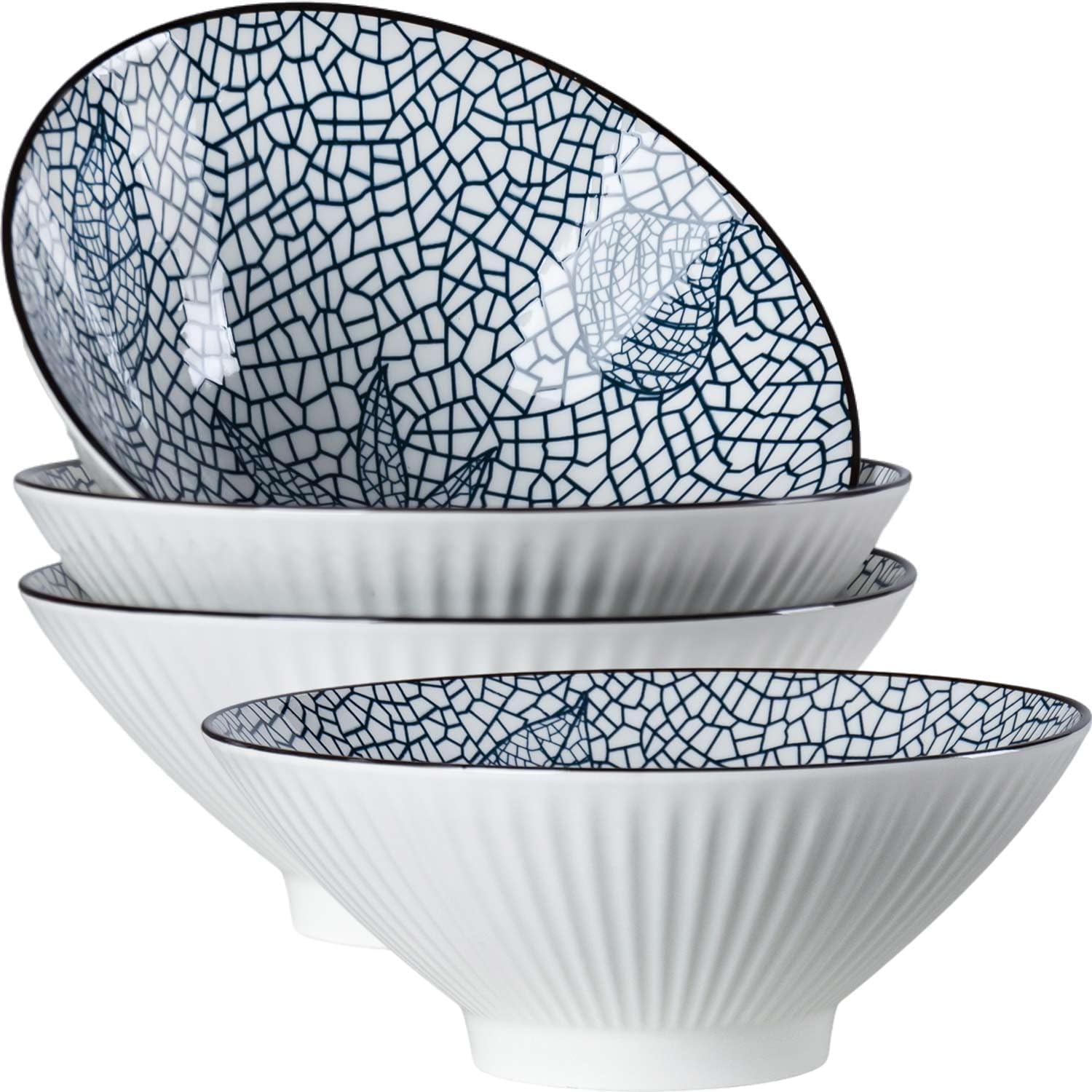 38 oz Japanese Ramen Bowls Set of 4, Large Pho Bowls, 8 Inch Ceramic Blue and White Soup Bowls, Leaf Pattern