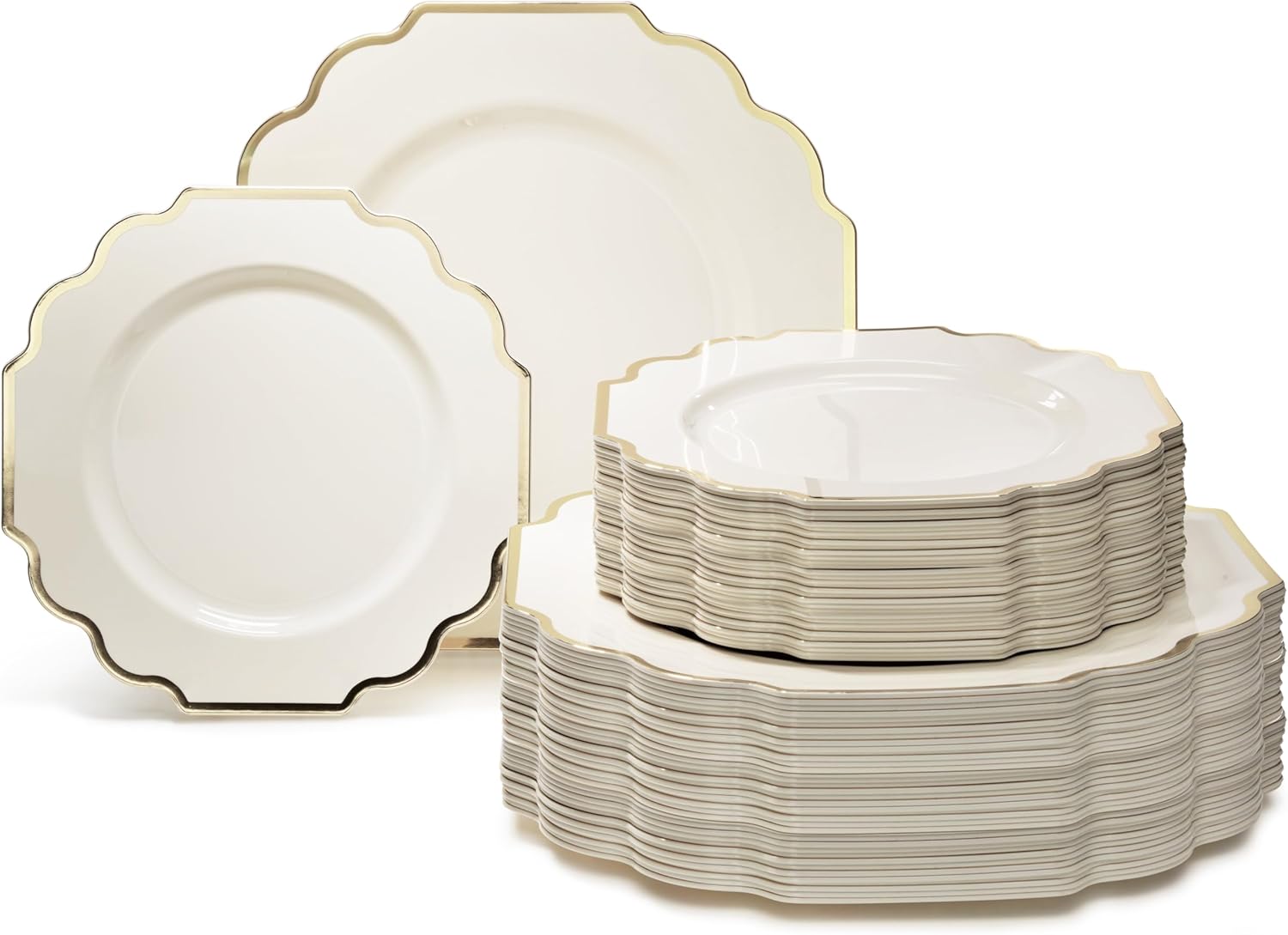 " OCCASIONS " 120 Plates Pack,(60 Guests) Heavyweight Wedding Party Disposable Plastic Plates Set -60 x 10.5'' Dinner + 60 x 8'' Salad/Dessert Plate (Imperial Ivory & Gold)