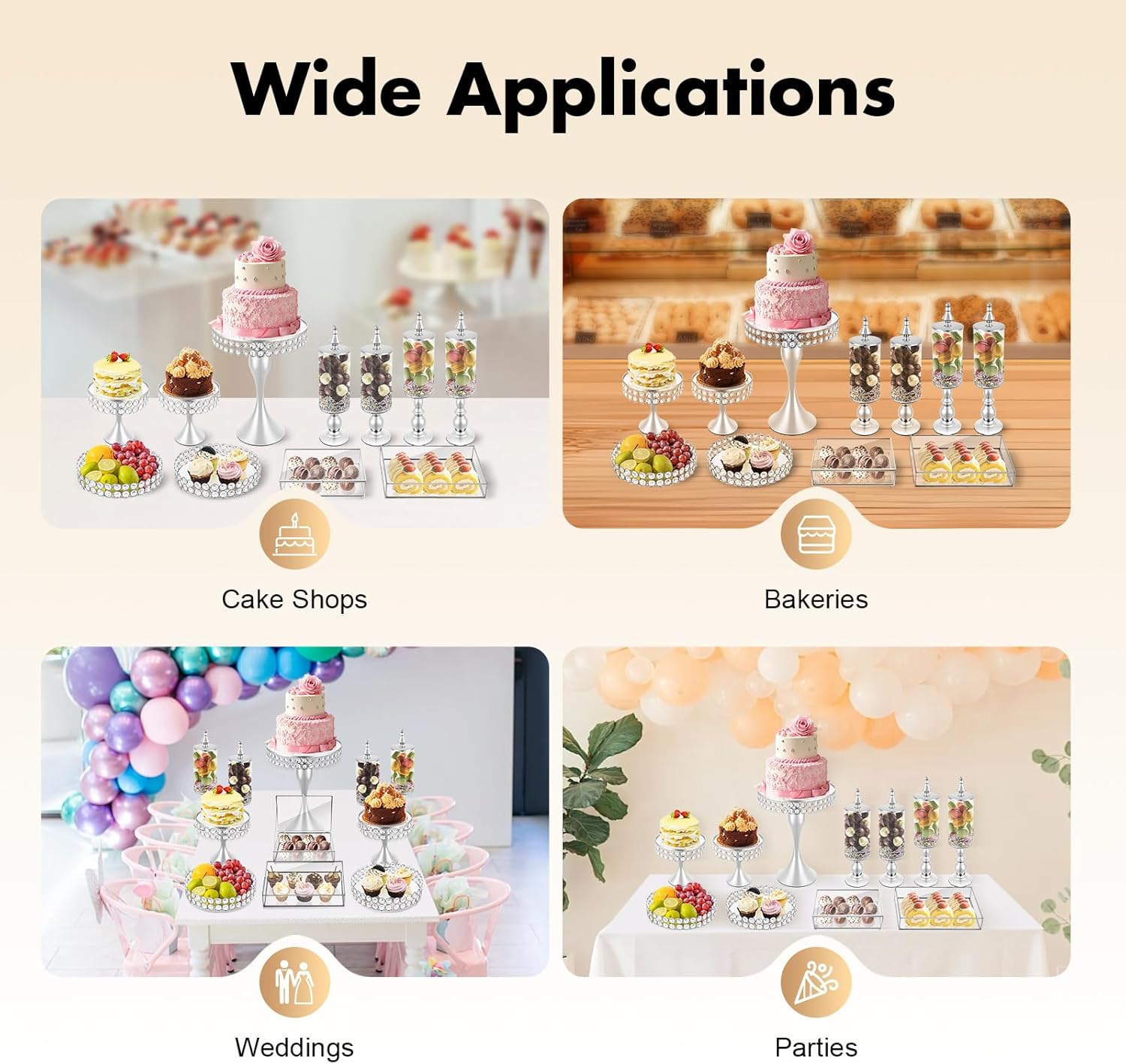 Silver Cake Stand with Base 11 Pieces Cup Cake Stands Glass Dessert Stands Display Set Candy Holder for Baby Shower Wedding Birthday Celebration Party Home Decor