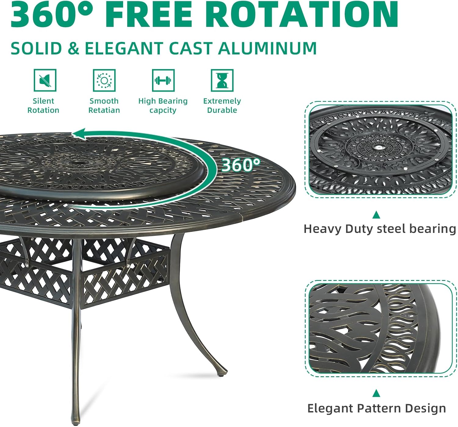 VIVIJASON 35.4" Cast Aluminum Lazy Susan Turntable, 360° Large Rotating Display Tray with Silent Bearings, Round Table Top Swivel Serving Plate with 2" Umbrella Hole for Outdoor Dining Table