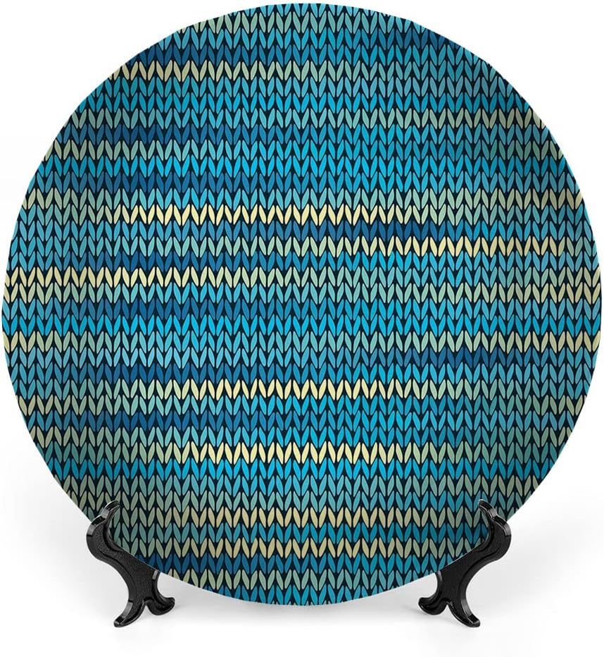 Ceramic Plates, Yellow and Blue Decorative Ceramic Plates, Knitted Melange Inspired Graphic Clothing Texture, 8 Inch, for Dining, Parties, Wedding, Teal Navy Blue Light Yellow
