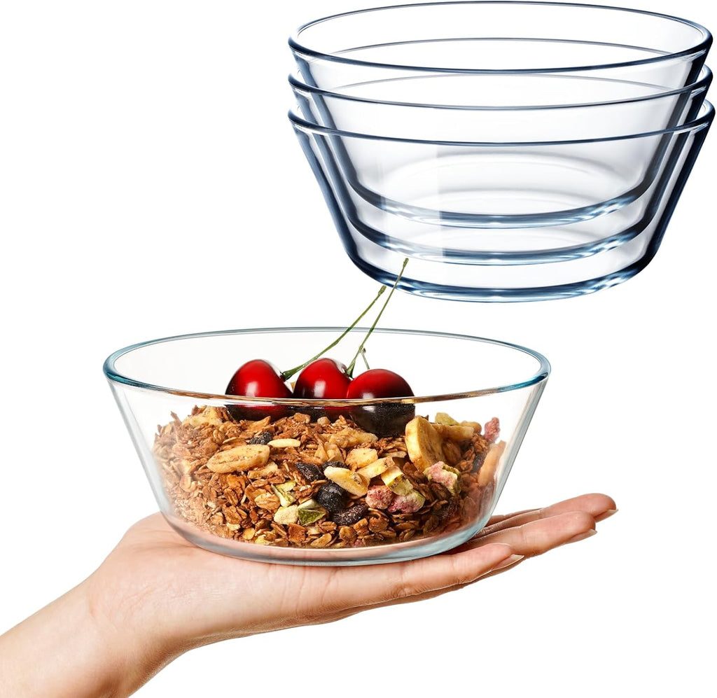 NUTRIUPS 25oz Flat Bottom Small Glass Bowls Set of 4, 6in Clear Glass Cereal Bowls, 0.8L Shallow Glass Bowl for Kitchen, Microwave and Oven Safe