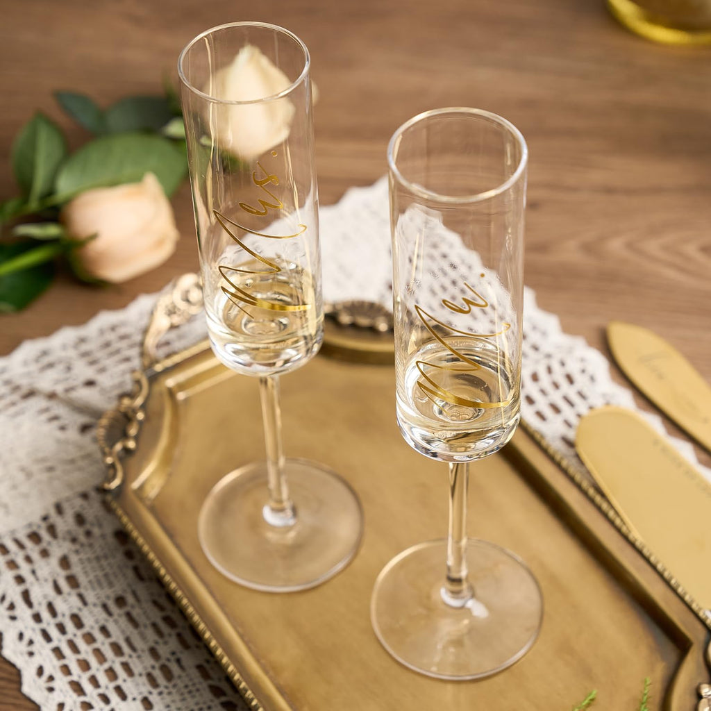 AW BRIDAL Engagement Bridal Shower Wedding Gifts for Newlywed Couples 2025, Anniversary Mr Mrs Champagne Flutes Toasting Glasses, Wedding Gold Cake Knife and Server Set with Gift Box for Bride Groom
