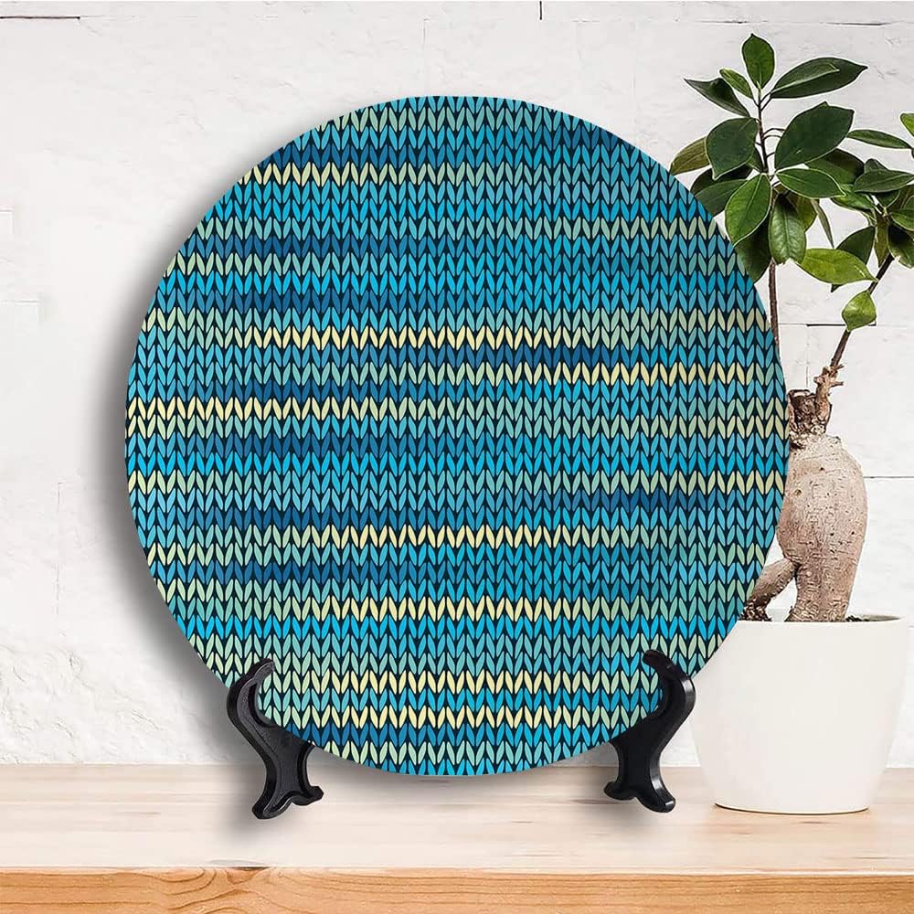 Ceramic Plates, Yellow and Blue Decorative Ceramic Plates, Knitted Melange Inspired Graphic Clothing Texture, 8 Inch, for Dining, Parties, Wedding, Teal Navy Blue Light Yellow