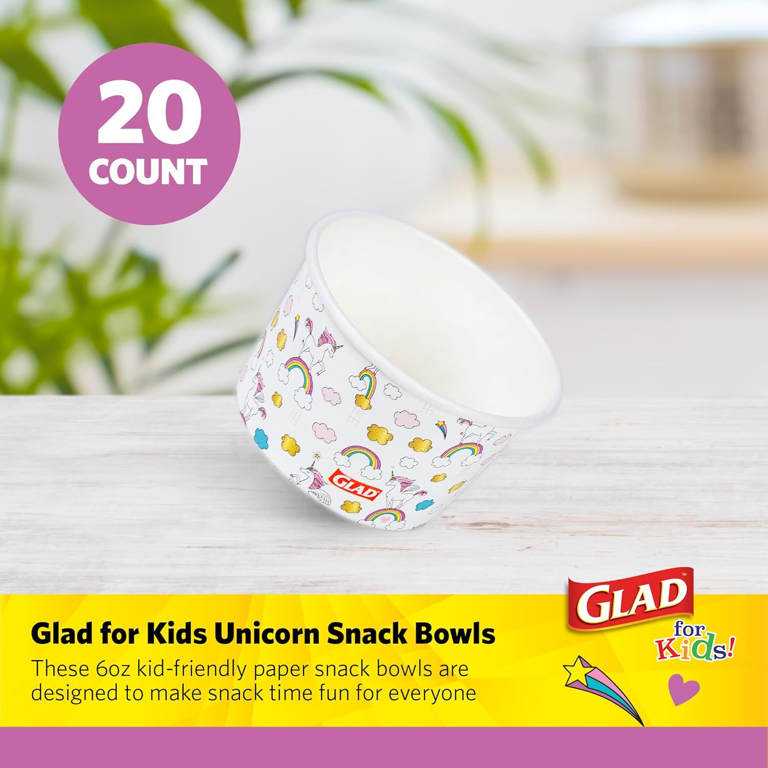 Glad for Kids Unicorn Paper MINI Snack Bowls, Lids Not Included - Heavy Duty Disposable Snack Cups with Unicorns for Kids 6 Ounces, 20 Count