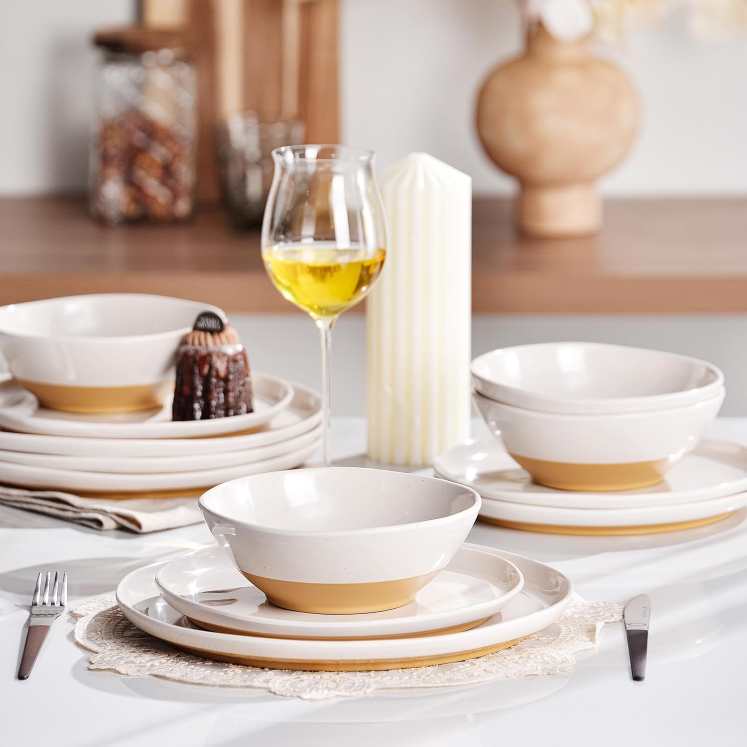 FINE&NICE Melamine Dinnerware Sets of 12 Pcs, Unbreakable Plates and Bowls Set for 4, Dinner Dishes Set for for Patio, RV and Camping, Dishwasher Safe (White with Brown)