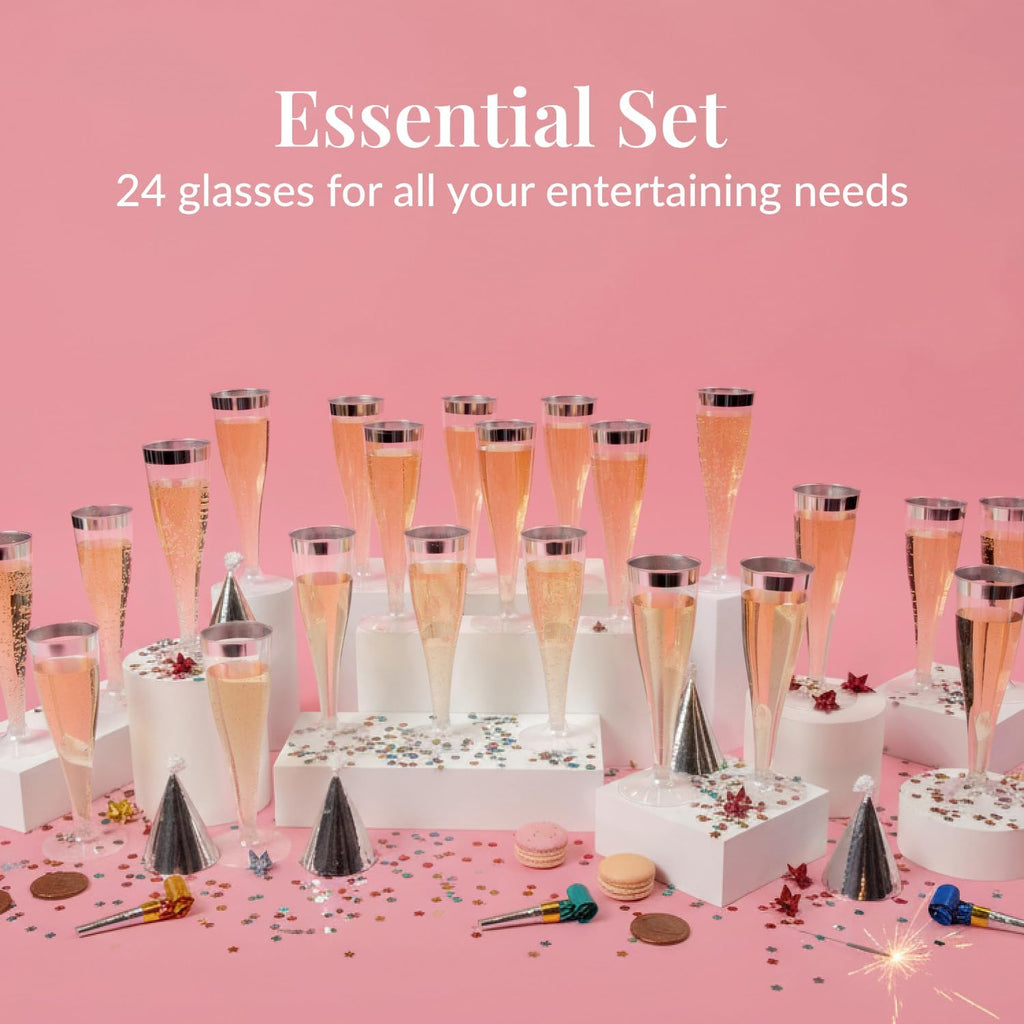 Prestee Set of 24 Silver Glitter Plastic Champagne Flutes - 4.5 oz Capacity - Shatterproof Durable Disposable Glasses - Elegant Design - Ideal for Weddings, Cocktail Parties, and Outdoor Celebrations
