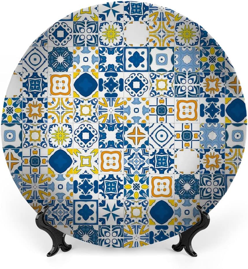 Decorative Plates, Yellow and Blue Print Ornament, Mosaic Portuguese Azulejo Mediterranean Arabesque Effect, 8 Inch, Kitchen Wall Decor, Violet Blue Mustard White