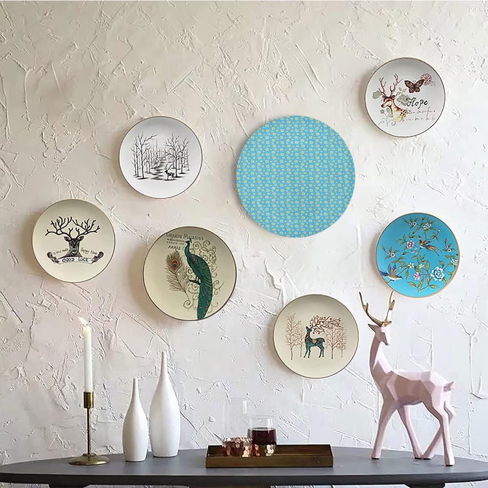 Ceramic Plates, Yellow and Blue Decorative Ceramic Plates, Cartoon Chamomiles Blooms and Dots Fresh Spring for, 7 Inch, Household Plates Decorative, Blue Yellow White