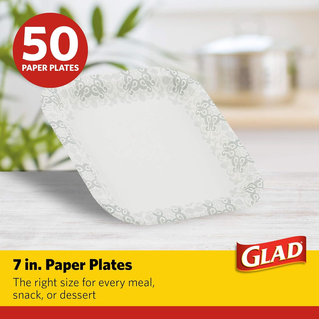 Glad Square Disposable Paper Plates, Grey Victorian Pattern - Strong, Sturdy, Soak Proof, and Microwavable Decorative Plates for Dinner and Everyday Use, 7 Inch, 50 Count