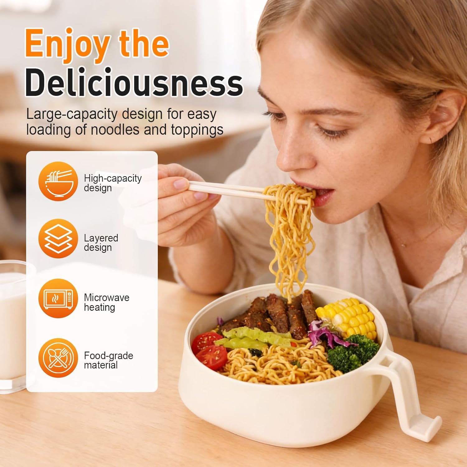 Ramen Cooker Ramen Bowl Set with Chopsticks, 2026 Upgraded Microwave Safe Pasta Cooker Noodle Bowl with Lid, Instant Ramen Bowls for Apartment College Dorm Home Office